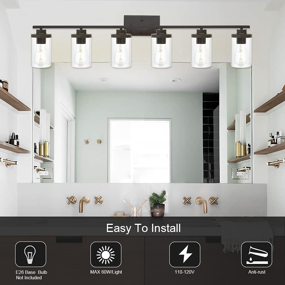 Oil Rubbed Bronze Bathroom Vanity Lights 6 Light, Bronze Vanity Lighting Fixtures with Glass Shade,Industrial Bathroom Light Fixtures Wall Sconces Lights for Kitchen Living Room Hallway
