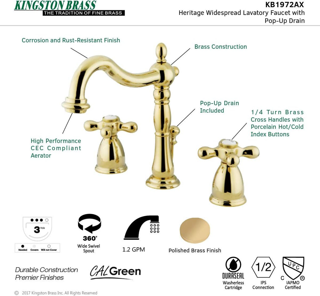 Kingston Brass KB1972AX Heritage Widespread Lavatory Faucet, Polished Brass, 8-Inch Adjustable Center