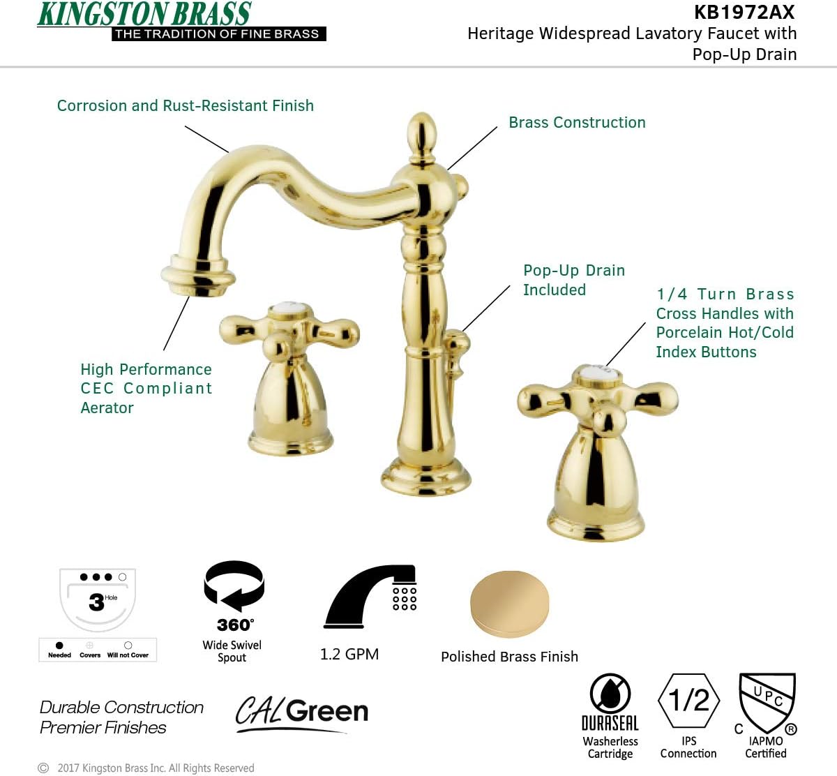 Kingston Brass KB1972AX Heritage Widespread Lavatory Faucet, Polished Brass, 8-Inch Adjustable Center