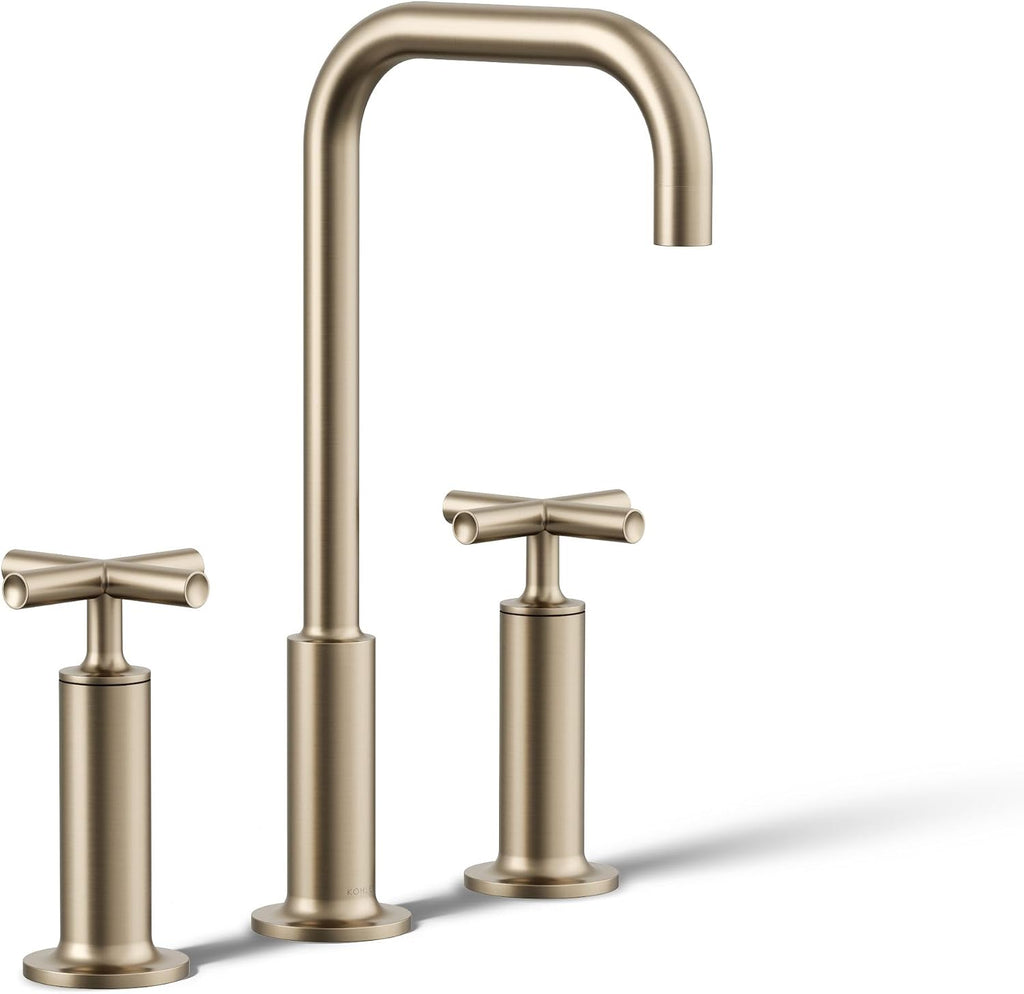 KOHLER K-14408-3-BN Purist® Widespread Bathroom Sink Faucet, 3-Hole, Widespread High Cross Handles and High Gooseneck Spout, 1.2 GPM, Vibrant Brushed Nickel