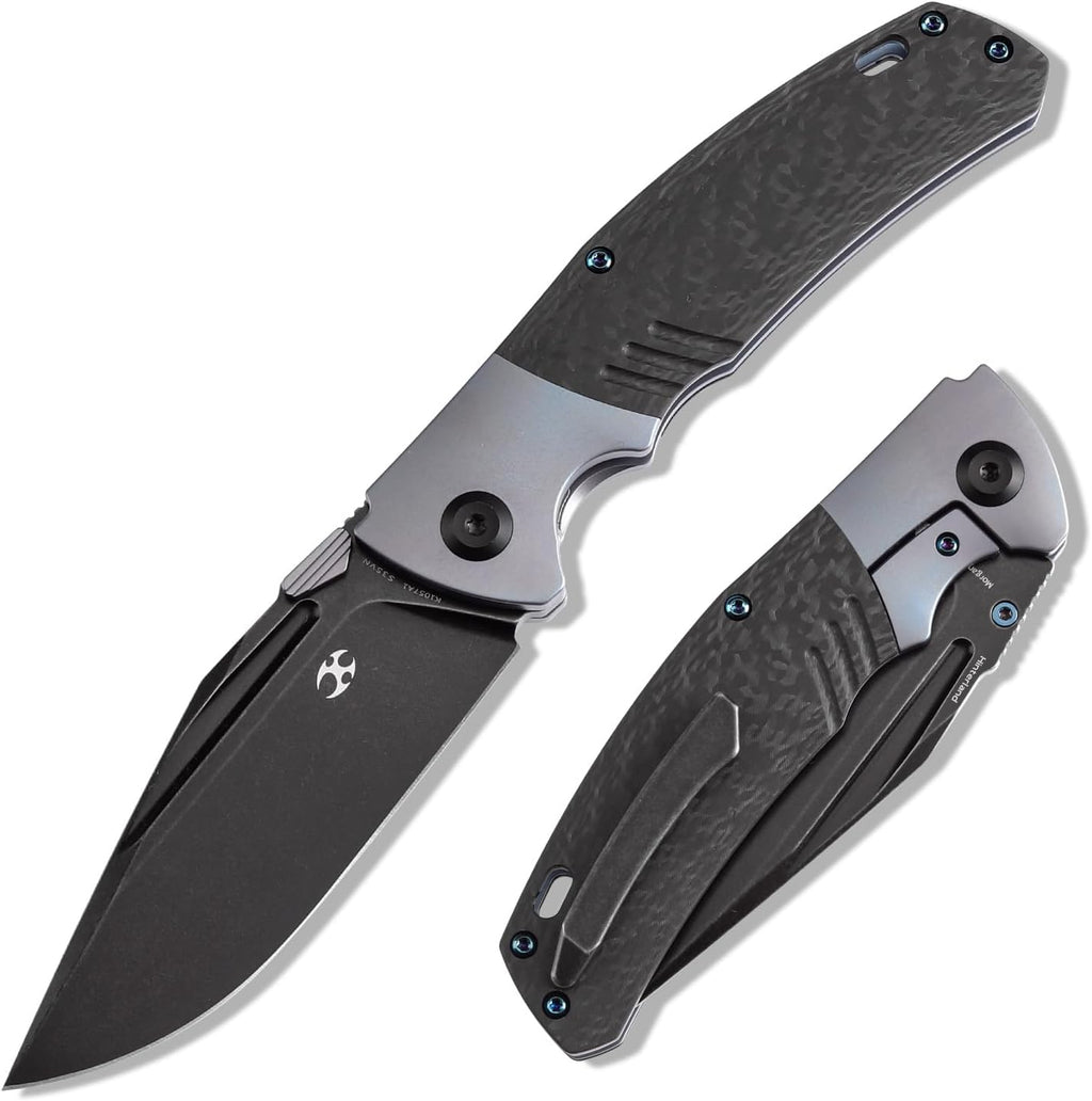 KANSEPT Hinterland Pocket Folding Knives for Men EDC Camping Folding Knife 3.58'' Blackwash CPM S35VN Blade Pocket Folding Knife with Blue Anodized Titanium Twill Carbon Fiber Inlay Handle K1057A1