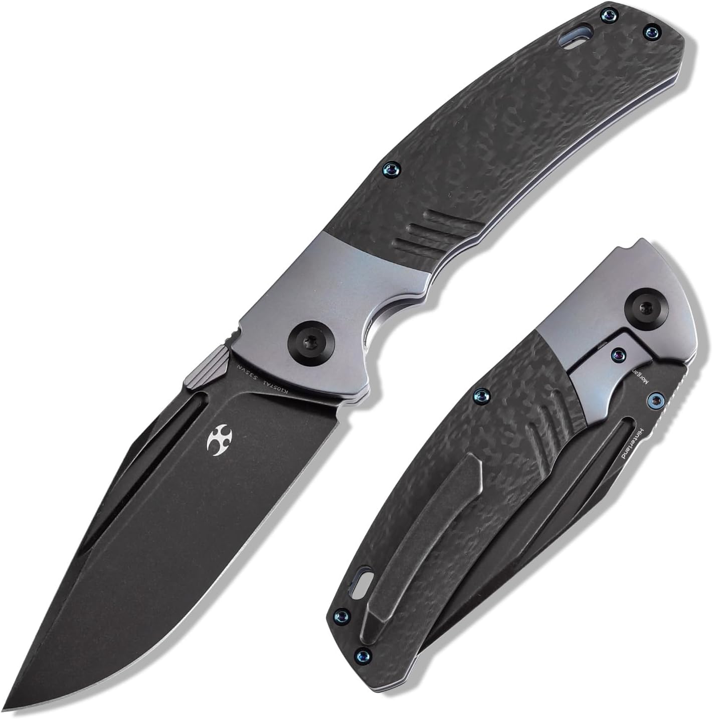 KANSEPT Hinterland Pocket Folding Knives for Men EDC Camping Folding Knife 3.58'' Blackwash CPM S35VN Blade Pocket Folding Knife with Blue Anodized Titanium Twill Carbon Fiber Inlay Handle K1057A1