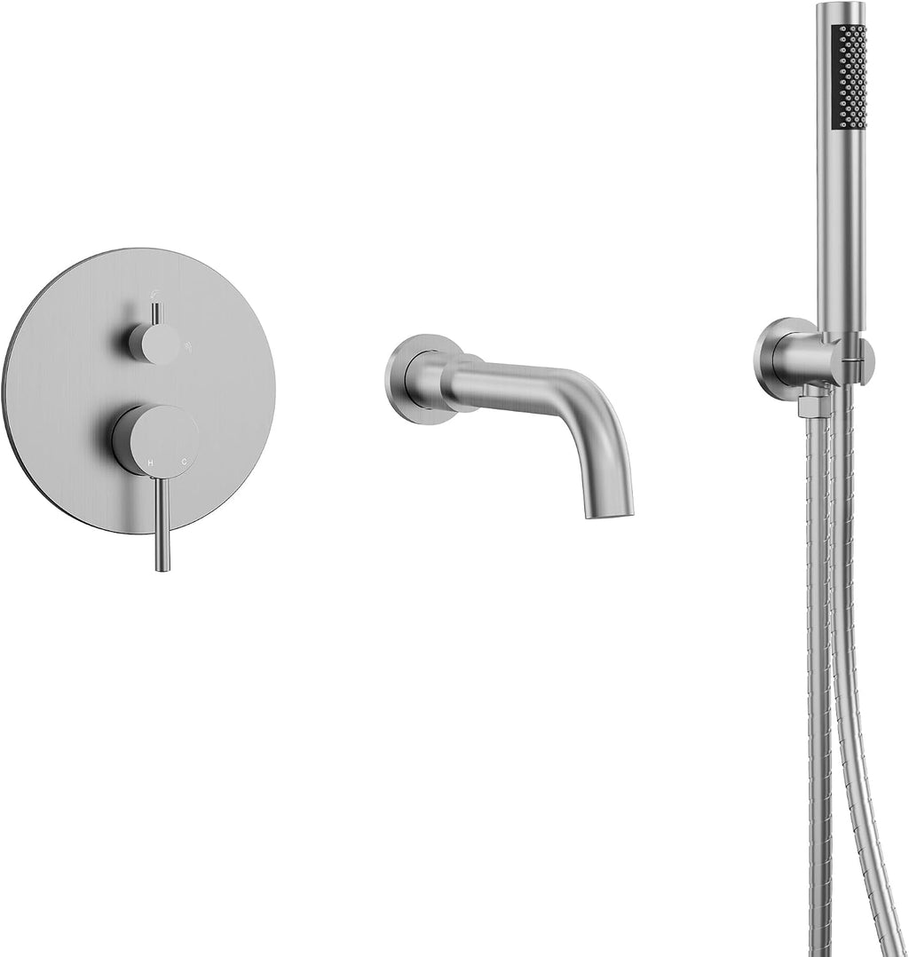 Brushed Nickel Wall Mount Bathtub Faucet with Handheld Shower, High Flow Tub Filler, Solid Brass Rough-in Valve Included, Single Handle Bathroom Fixture
