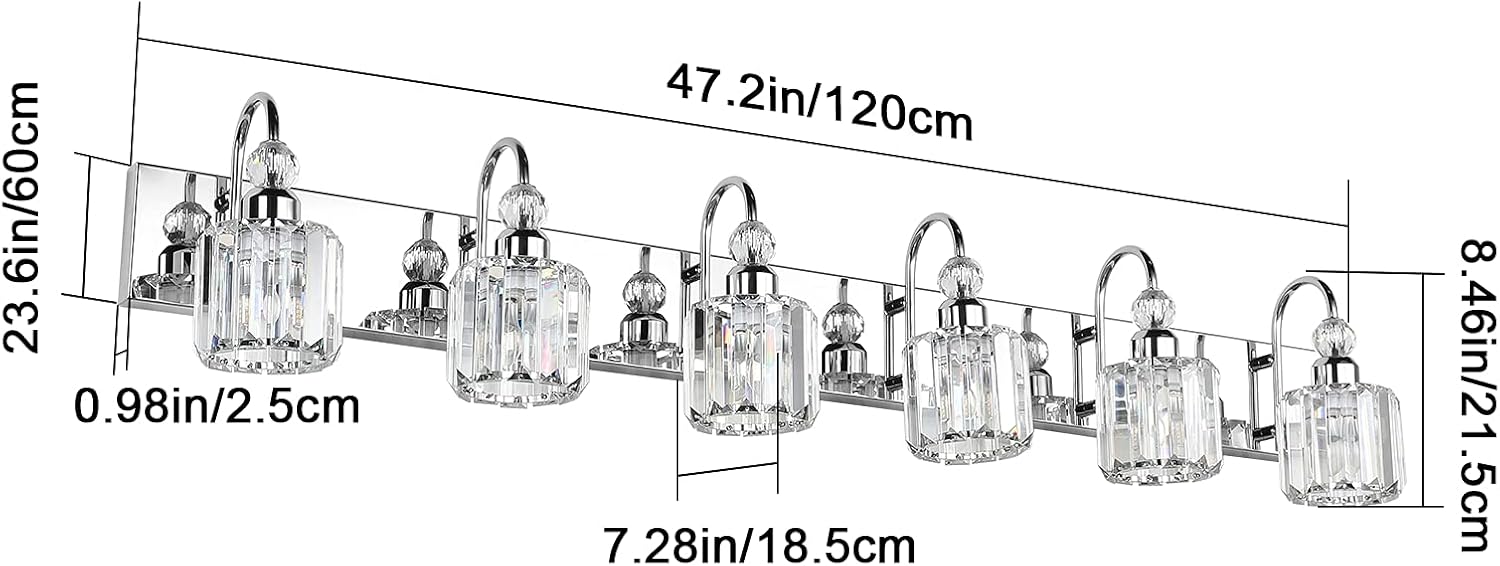 Ralbay 6-Lights Stainless Steel Crystal Bathroom Vanity Lights Over Long Mirror Modern Crystal Vanity Lighting Fixtures for Bathroom