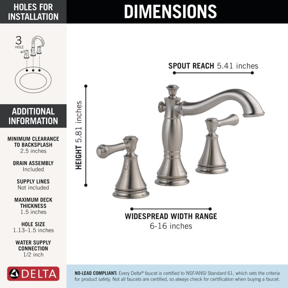 DELTA FAUCET Cassidy Widespread Bathroom Faucet Brushed Nickel, Bathroom Faucet 3 Hole, Bathroom Sink Faucet, Metal Drain Assembly, Stainless 3597LF-SSMPU
