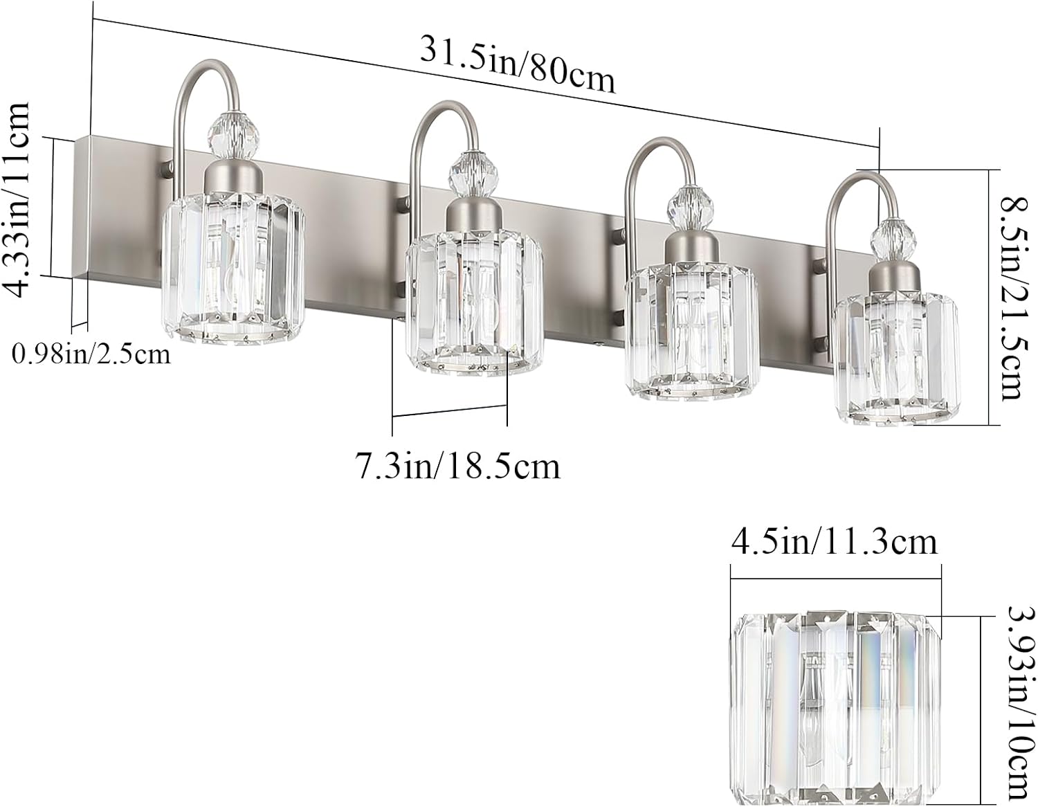 Ralbay 4-Light Crystal Vanity Light for Bathroom Brushed Nickel Modern Bathroom Light Fixtures