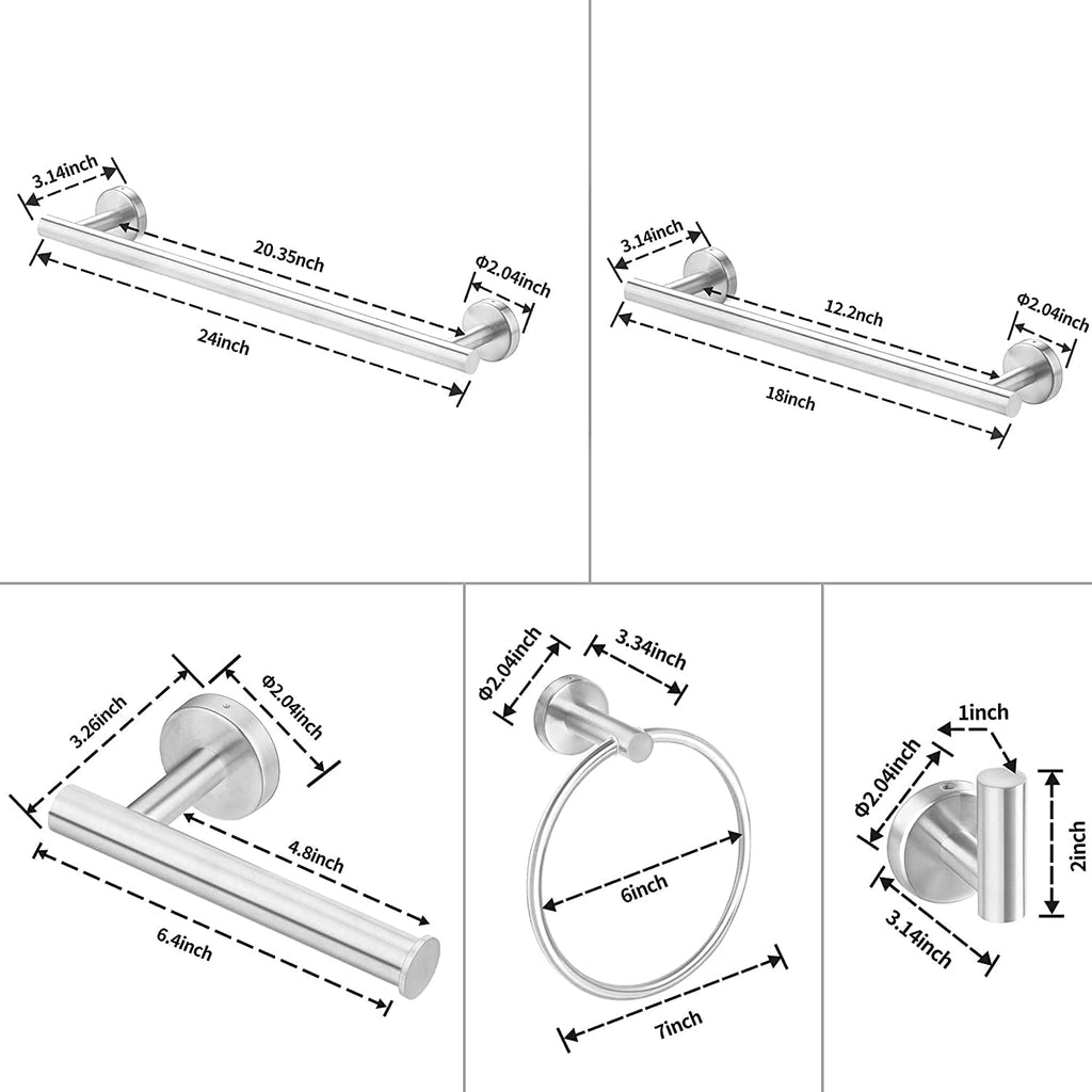 6-Pieces Bathroom Hardware Set SUS304 Stainless Steel Round Wall Mounted Includes Hand Towel Bar,Toilet Paper Holder,Robe Towel Hooks,Bathroom Accessories Kit On-Site (Brushed Nickel)
