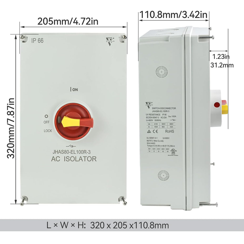 UL Listed 100 Amp AC Disconnect Switch 3-Pole 800VAC IP66 Waterproof PV Isolation 100A Service Disconnect Box Outdoor 3-Ways 100A Heavy Duty Safety Switch