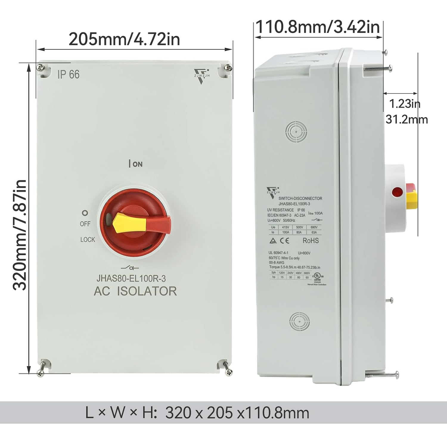 UL Listed 100 Amp AC Disconnect Switch 3-Pole 800VAC IP66 Waterproof PV Isolation 100A Service Disconnect Box Outdoor 3-Ways 100A Heavy Duty Safety Switch