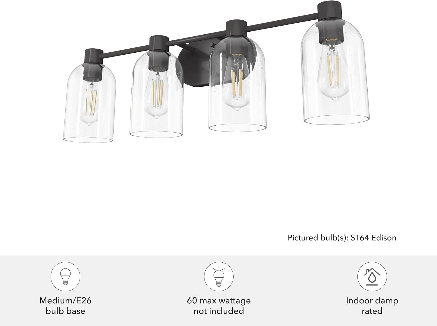 Hunter - Lochemeade 4-light Noble Bronze, Medium Size Vanity Light, Dimmable, for Bedrooms, Kitchens, Foyers, Bathrooms - 19713