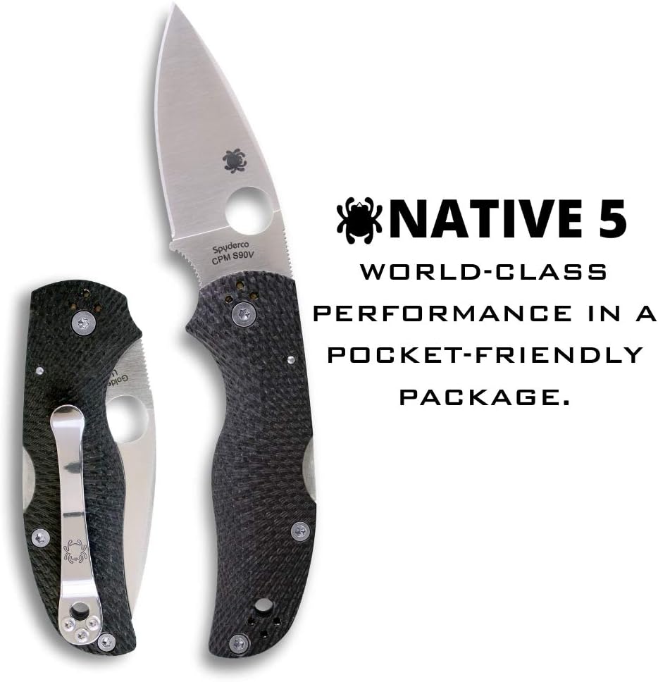 Spyderco Native 5 Knife - Black Carbon Fiber Handle with PlainEdge, Full-Flat Grind, CPM S90V Steel Blade and Back Lock - C41CFFP5