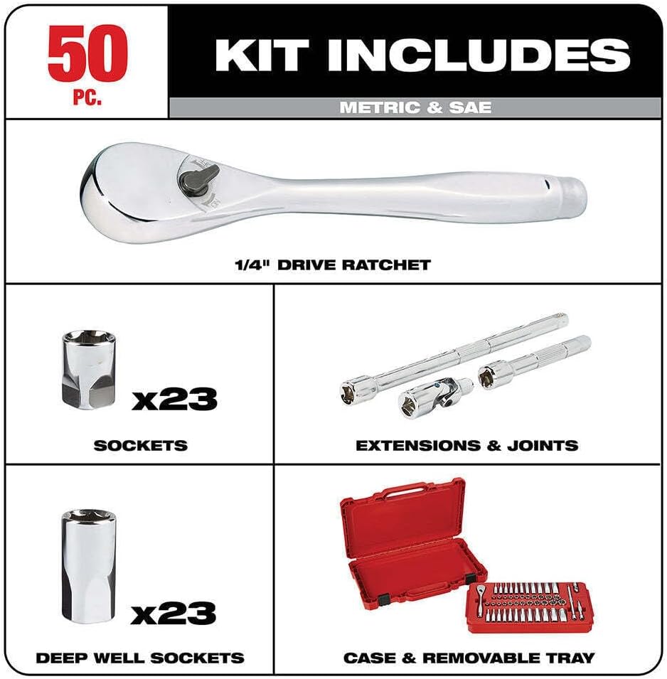 Mechanics Tool Set Compatible with Milwaukee 48-22-9004 1/4-Inch Drive Sae and Metric Ratchet and Socket Set - 50pc