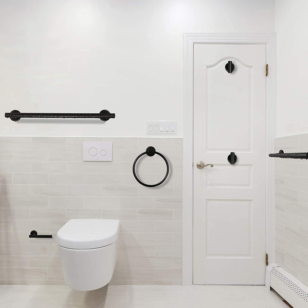 6-Pieces Bathroom Hardware Set SUS304 Stainless Steel Round Wall Mounted Includes Hand Towel Bar,Toilet Paper Holder,Robe Towel Hooks,Bathroom Accessories Kit On-Site (Matte Black)