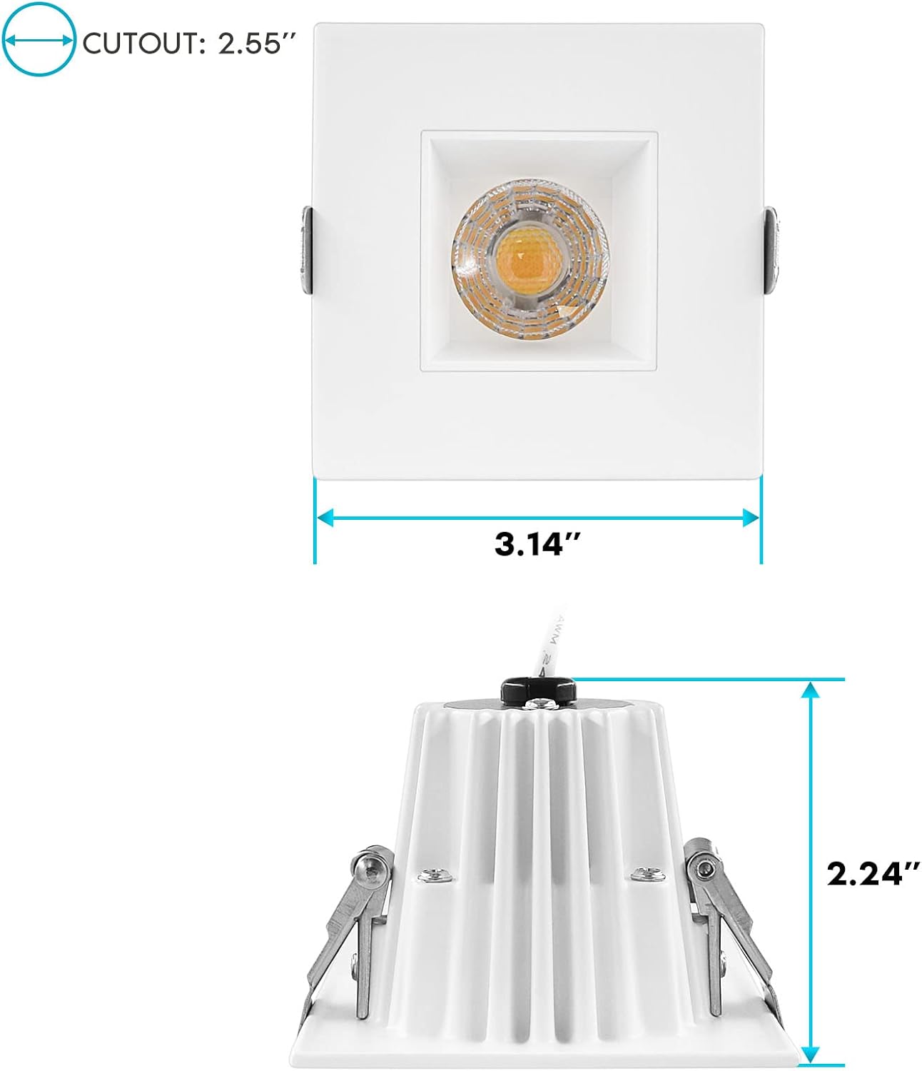 LUXRITE 2 Inch Square LED Recessed Lighting with Junction Box, 3CCT Selectable 3000K/4000K/5000K, CRI 90, Dimmable Canless LED Downlight Kit, 8W, 600 Lumens, IC Rated, Damp Rated, ETL Listed (4 Pack)