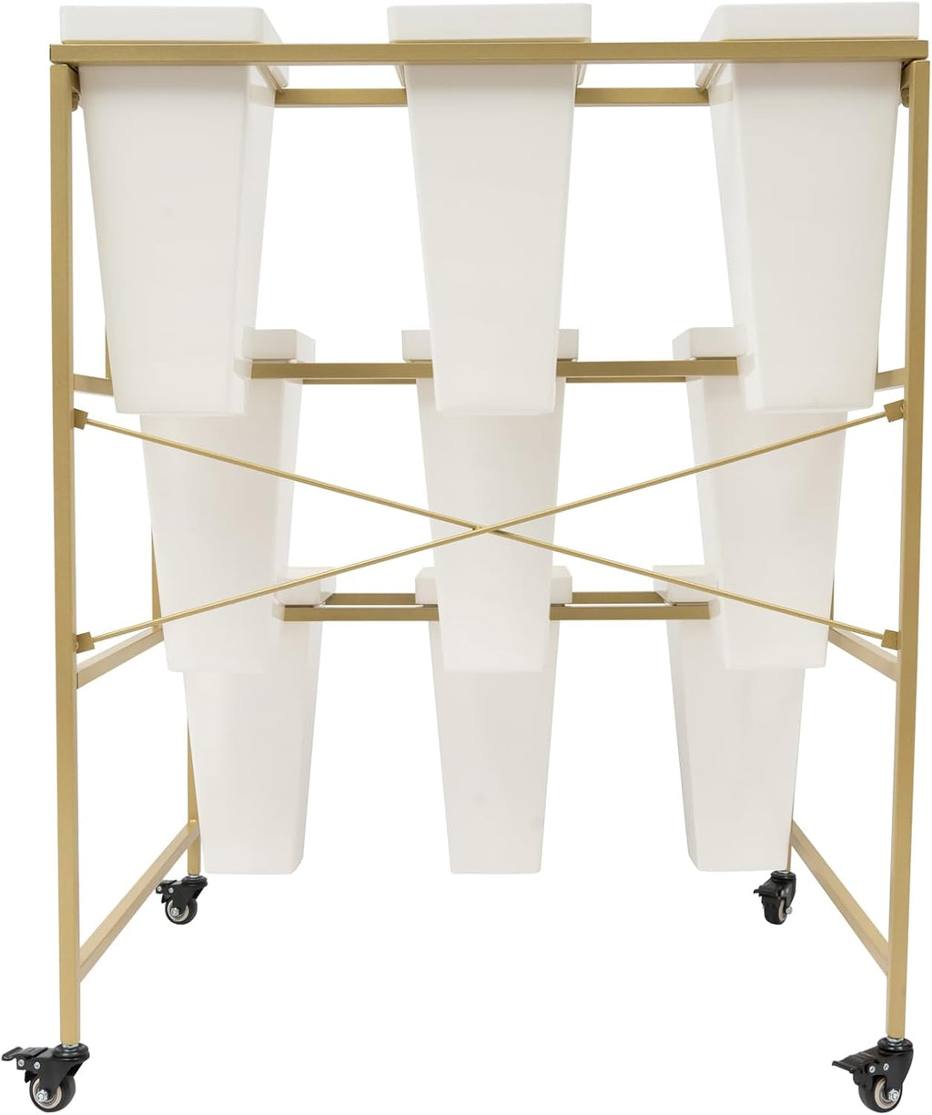 Flower Display Stand with 9Pcs White Square Buckets, 3 Layers Gold Metal Plant Holder with Wheels, Moving Florist Bouquet Shelf for Fresh Flower Shop, for Patio Garden, Outdoor Flower Pop-Up Events