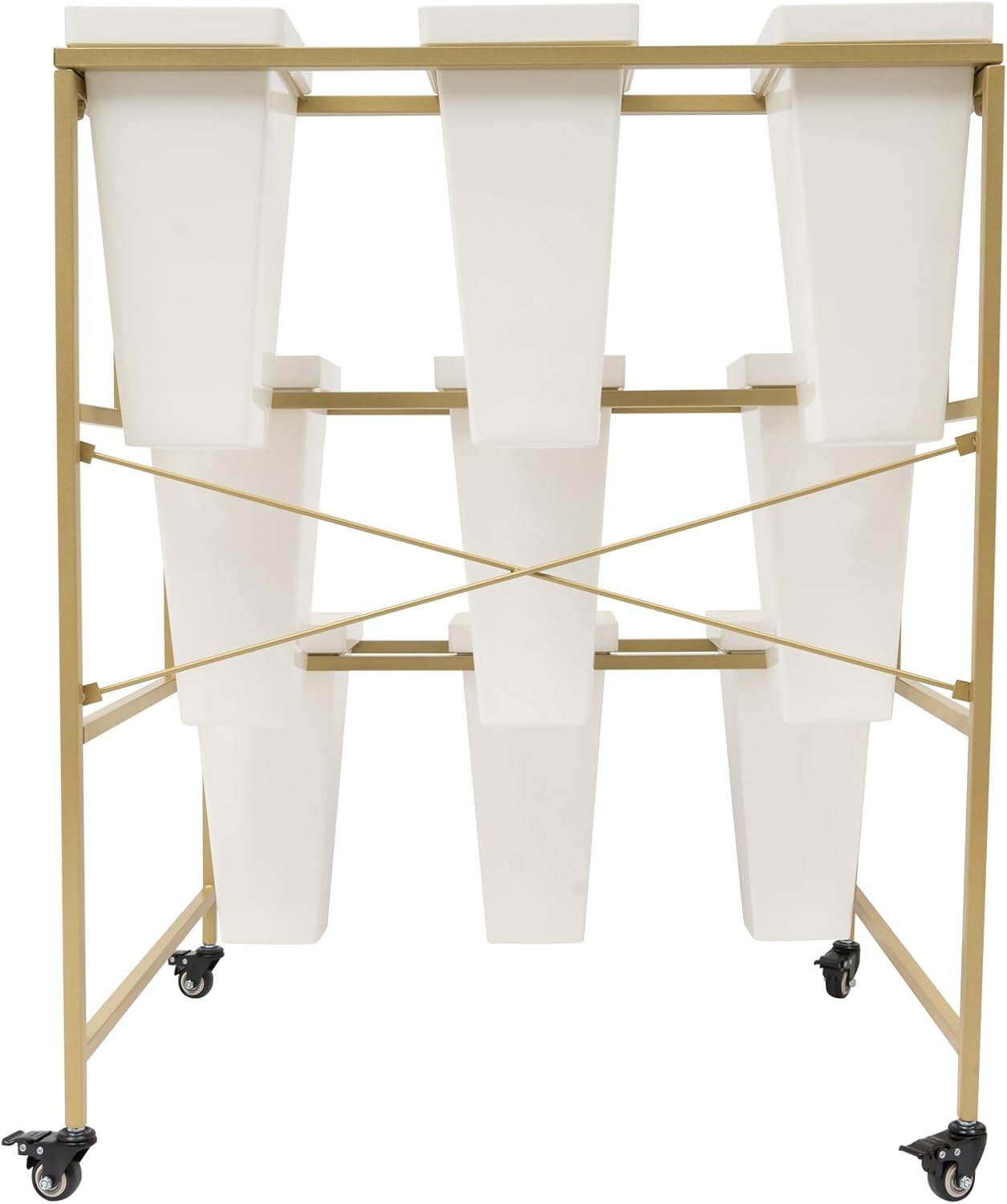 Flower Display Stand with 9Pcs White Square Buckets, 3 Layers Gold Metal Plant Holder with Wheels, Moving Florist Bouquet Shelf for Fresh Flower Shop, for Patio Garden, Outdoor Flower Pop-Up Events