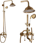 gotonovo Antique Brass Shower Faucet 8-inch Luxury Shower Head Fixture with Handheld Spray Double Lever Handle Bathtub Spout Triple Function Bathroom Wall Mount