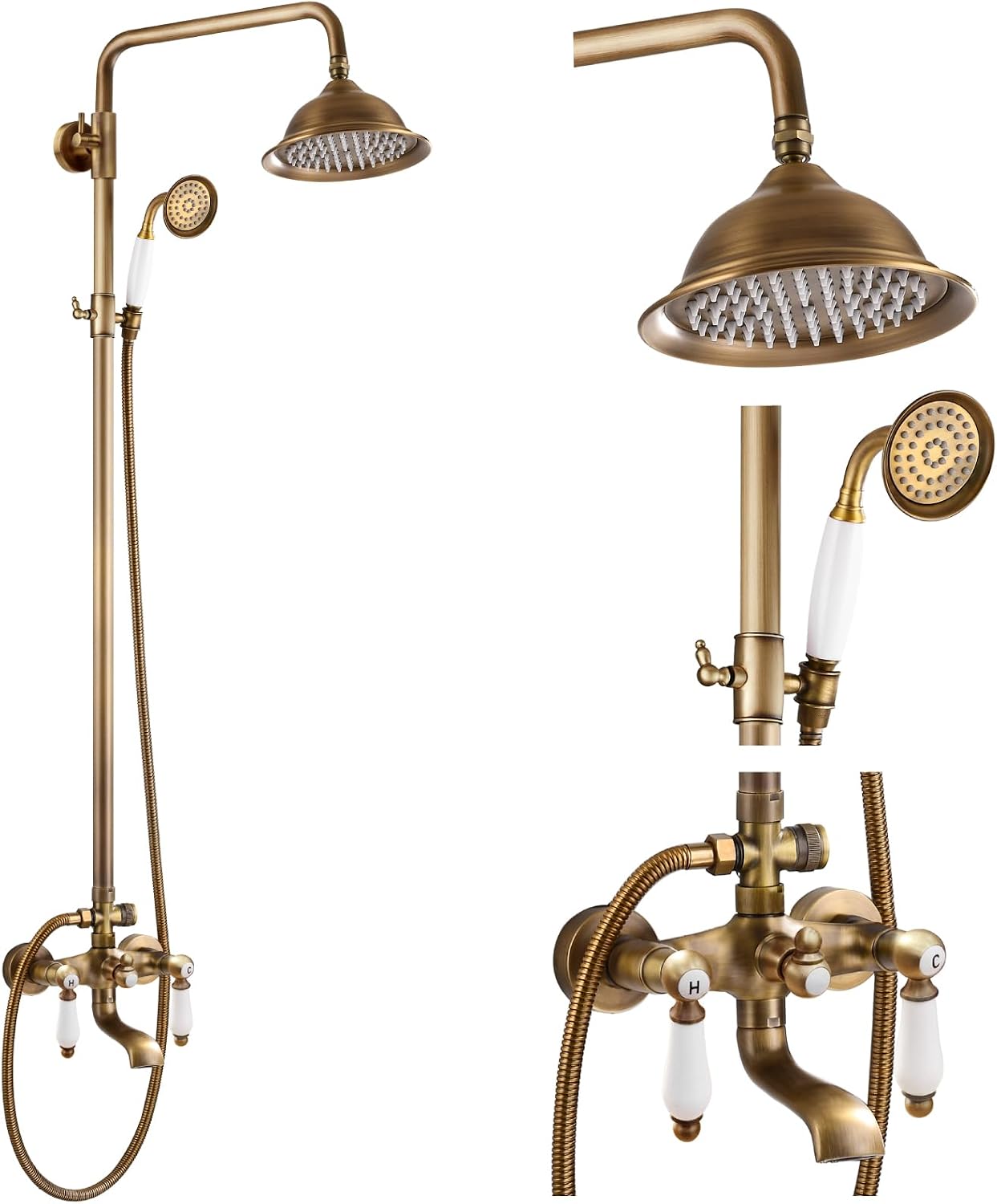 gotonovo Antique Brass Shower Faucet 8-inch Luxury Shower Head Fixture with Handheld Spray Double Lever Handle Bathtub Spout Triple Function Bathroom Wall Mount
