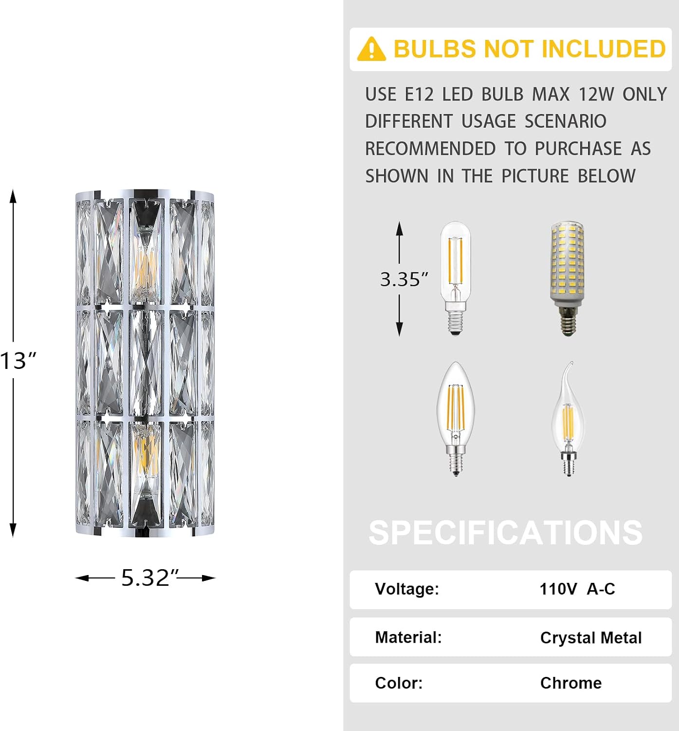2 Light Modern Concise E12 Base Polyhedral Crystal Shade 2 Pack Wall Sconce Light Fixtures,Chrome Finish for Bathroom,Bedroom Living Room Bedside