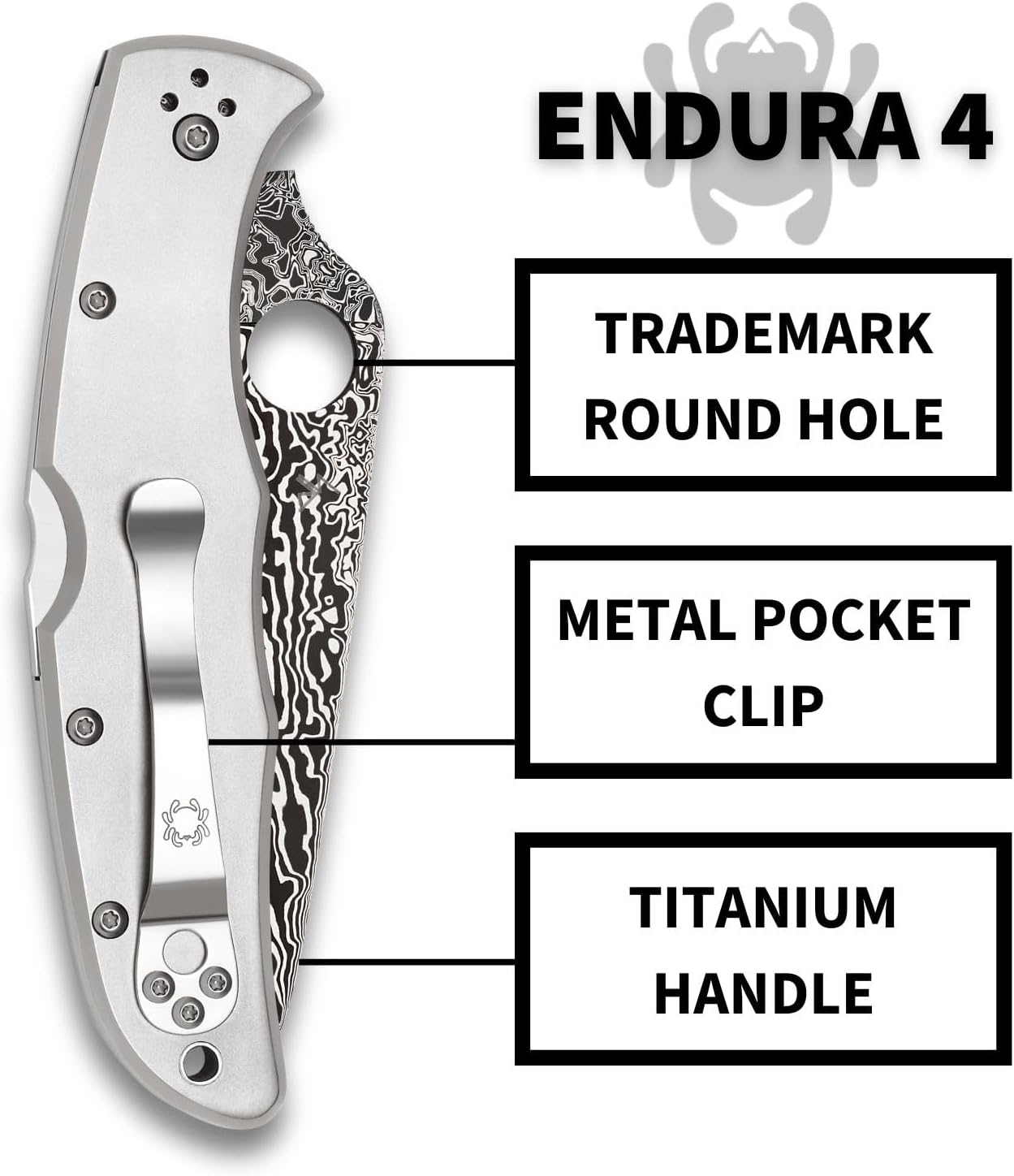 Spyderco Endura 4 Folding Pocket Knife with 3.8' VG-10 Damascus Steel Blade and Titanium Handle - EDC Knife for Men and Women, Perfect for Hunting, Tactical, Camping, Survival - PlainEdge - C10TIPD