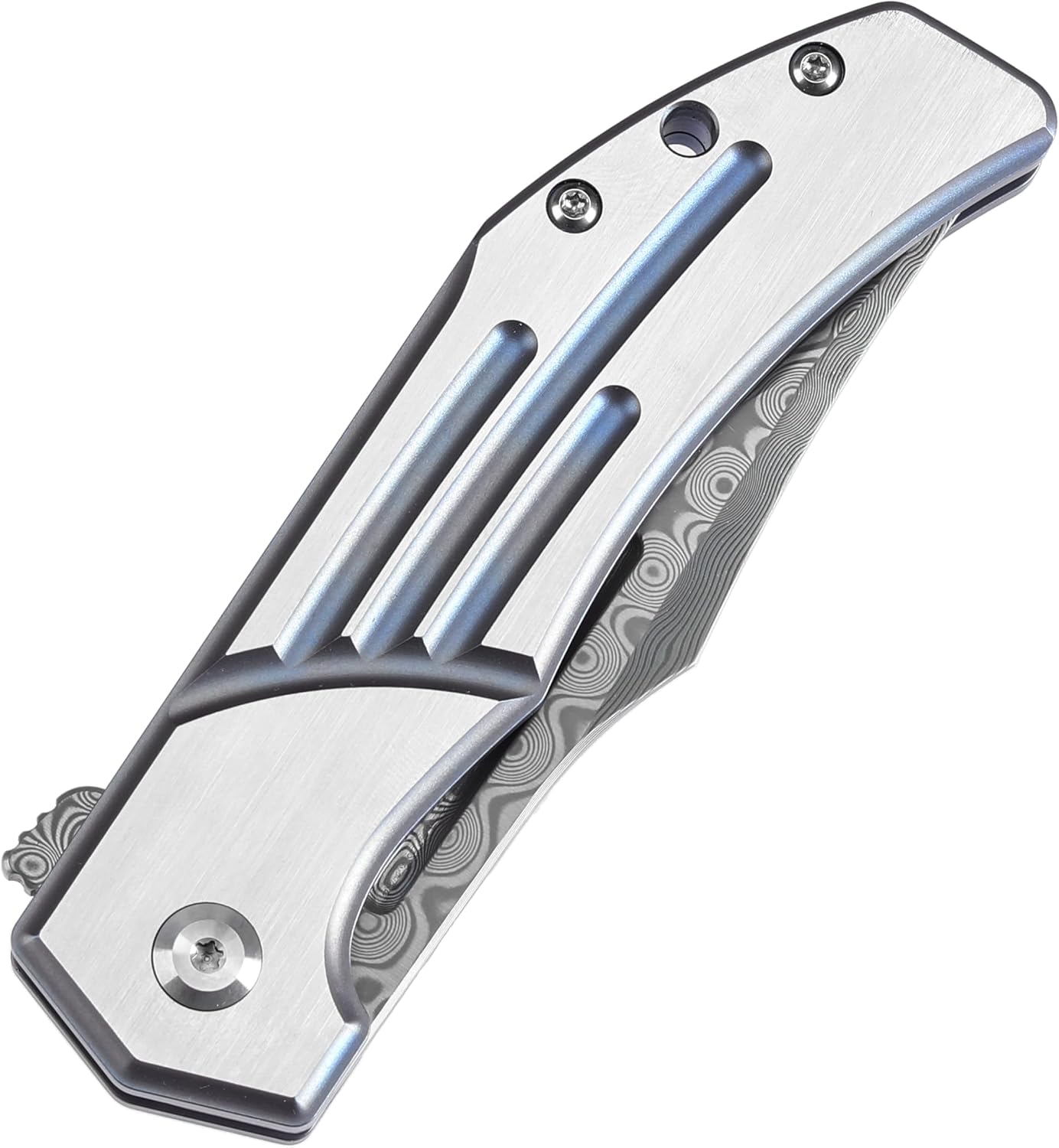 KANSEPT Orion Pocket Knife, 3.07'' Damascus Elegant Blade with Blood Groove, CNC Blue Anodized Milling Titanium Handle and Flipper, for Men Women Camping Survival Hunting Folding Knives K1089B2