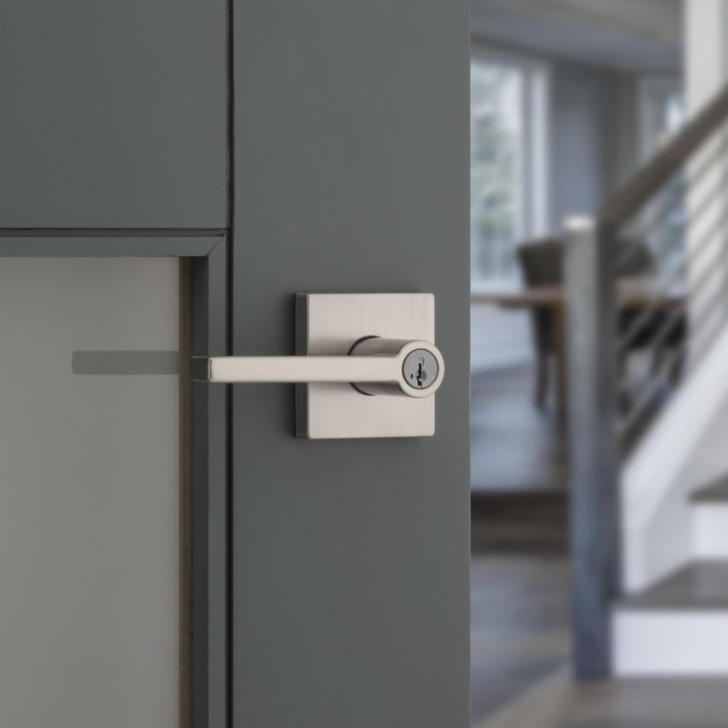Kwikset Halifax Entry Door Handle with Lock and Key, Secure Keyed Reversible Lever Exterior, For Front Entrance and Bedrooms, Satin Nickel, 10 Pack, Pick Resistant SmartKey Rekey Security and Microban
