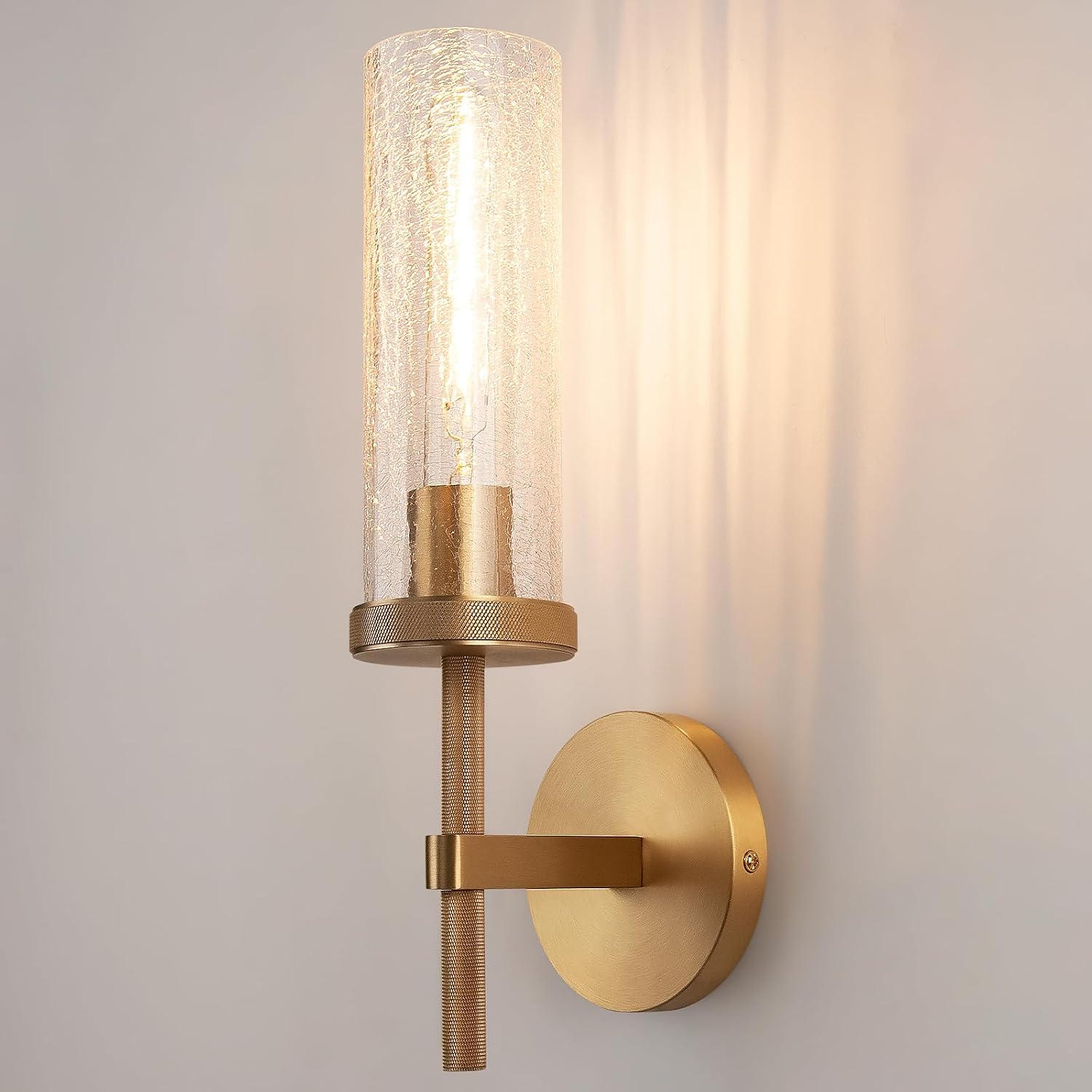 15' Knurled Brass Wall Sconce with Crackle Glass Tube, Gold Bathroom Vanity Light Fixtures, Modern Lamp Lighting for Bedroom, Living Room, Hallway, Staircase, Mirror, Kitchen
