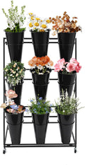 Flower Display Stand with 9Pcs Black Round Buckets, 3 Layers Black Metal Plant Holder with Wheels, Moving Florist Bouquet Shelf for Fresh Flowers Shop Patio Garden Outdoor Flower Pop-Up Events