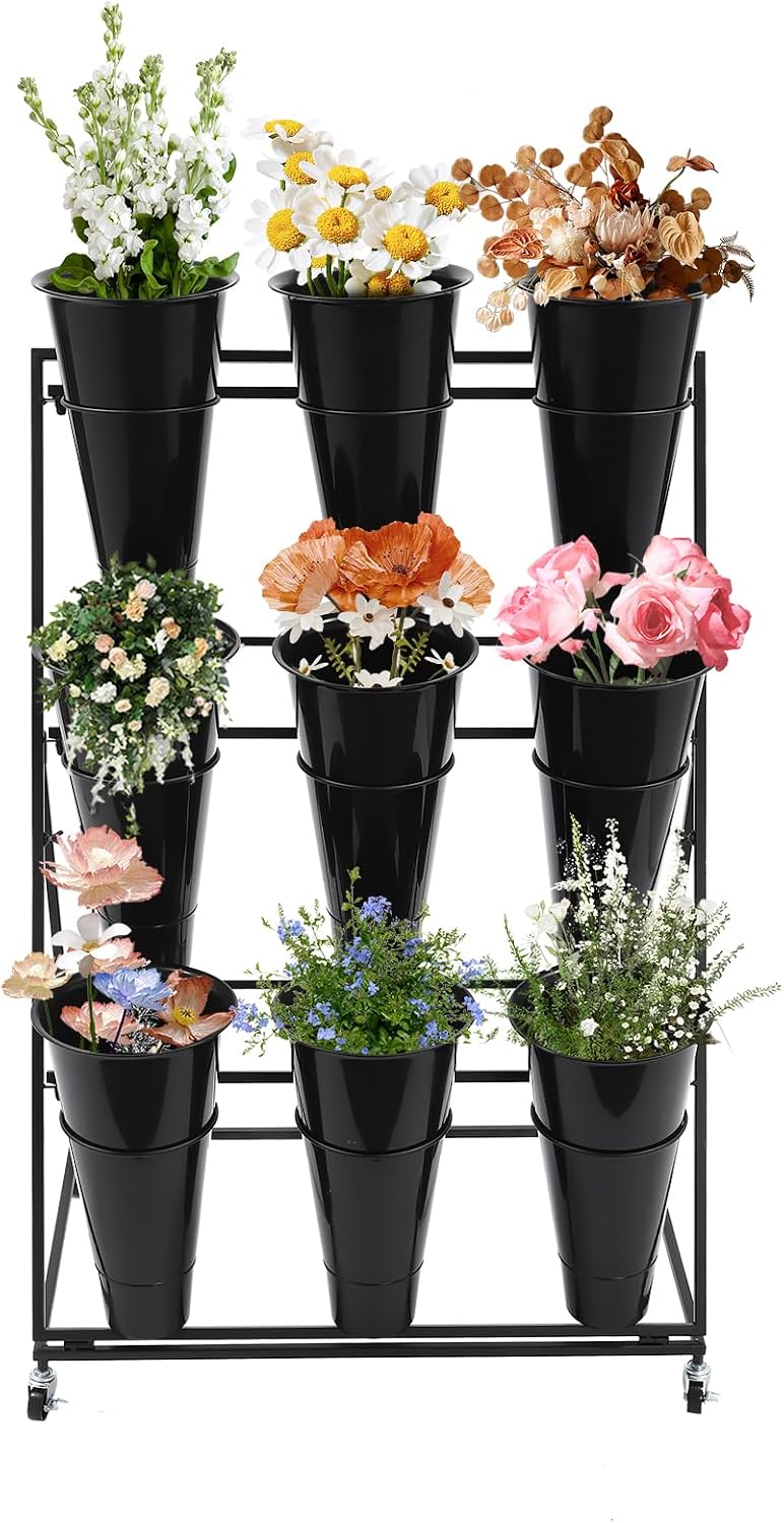 Flower Display Stand with 9Pcs Black Round Buckets, 3 Layers Black Metal Plant Holder with Wheels, Moving Florist Bouquet Shelf for Fresh Flowers Shop Patio Garden Outdoor Flower Pop-Up Events