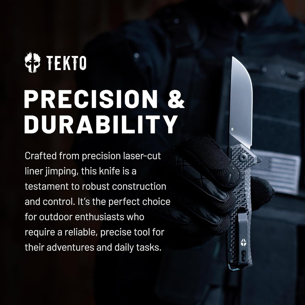 TEKTO F1 Alpha Folding Pocket Knife - Modified Straight Back Blade, Titanium Coated D2 Steel, Tactical Knife, EDC Folding Pocket Knives for Camping, Hunting & Backpacking - Carbon Fiber, Blue Accents