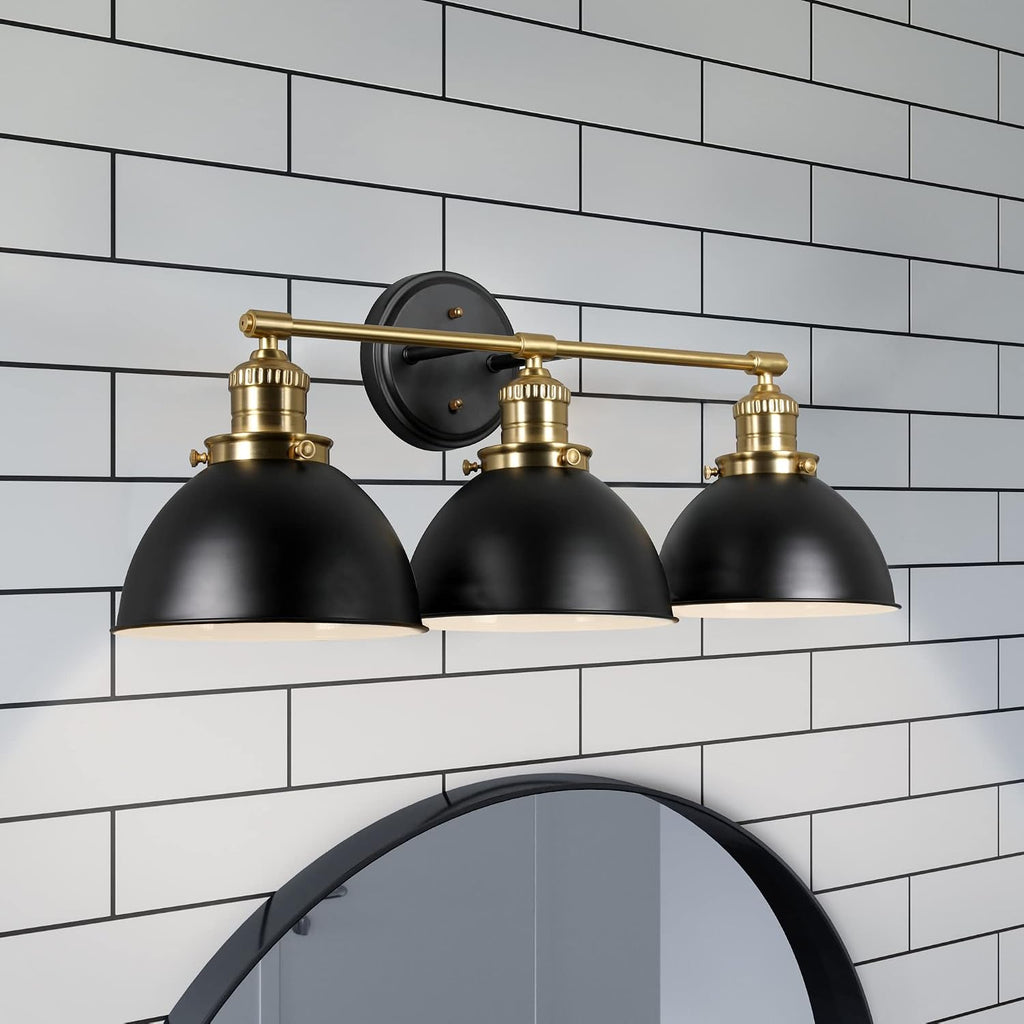 Design House Savannah Rustic Farmhouse 3-Light Bathroom Vanity Light, Dimmable, Satin Gold, Matte Black Metal Shade, 26 in x 9 in x 10.88 in, 588301-BGD
