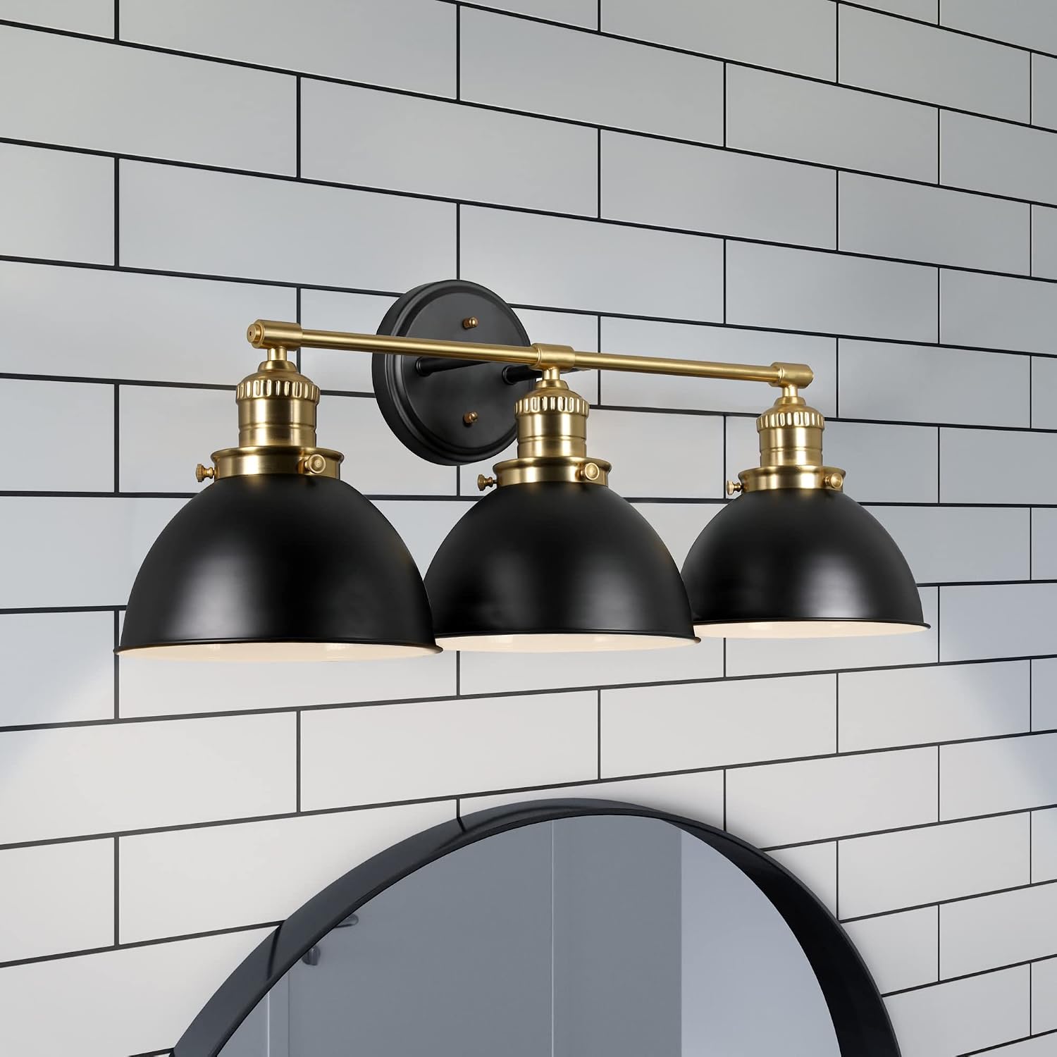 Design House Savannah Rustic Farmhouse 3-Light Bathroom Vanity Light, Dimmable, Satin Gold, Matte Black Metal Shade, 26 in x 9 in x 10.88 in, 588301-BGD