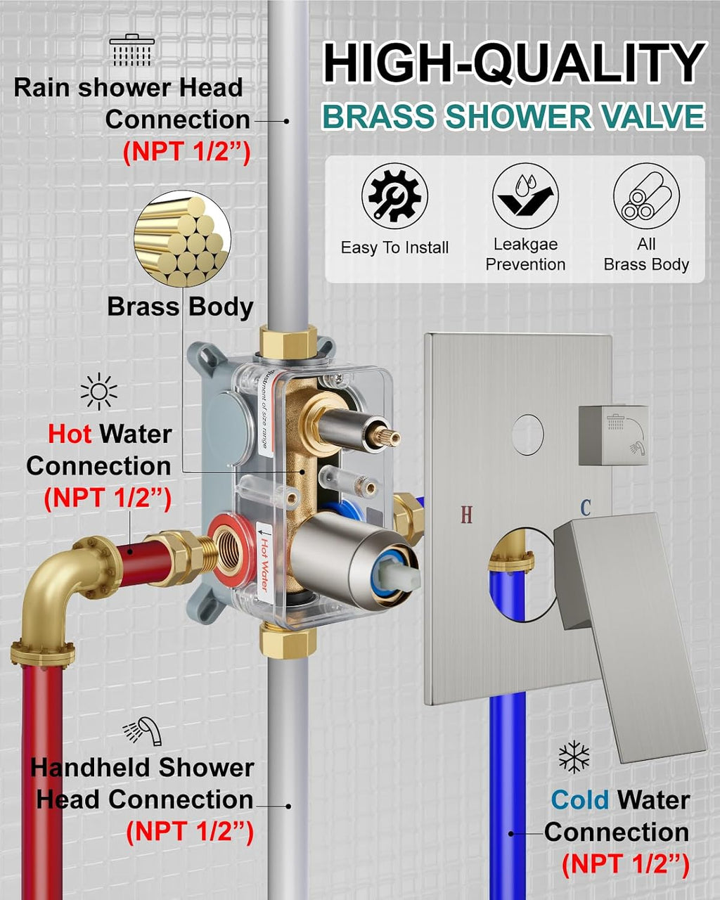 Shower Faucet Set Rainfall Shower System with Square Showerhead and Handle Set Fixture with 2 in 1 Function Handheld Sprayer Wall Mounted Trim Repair Kit Rough-in Valve 10 Inch Brushed Nickel