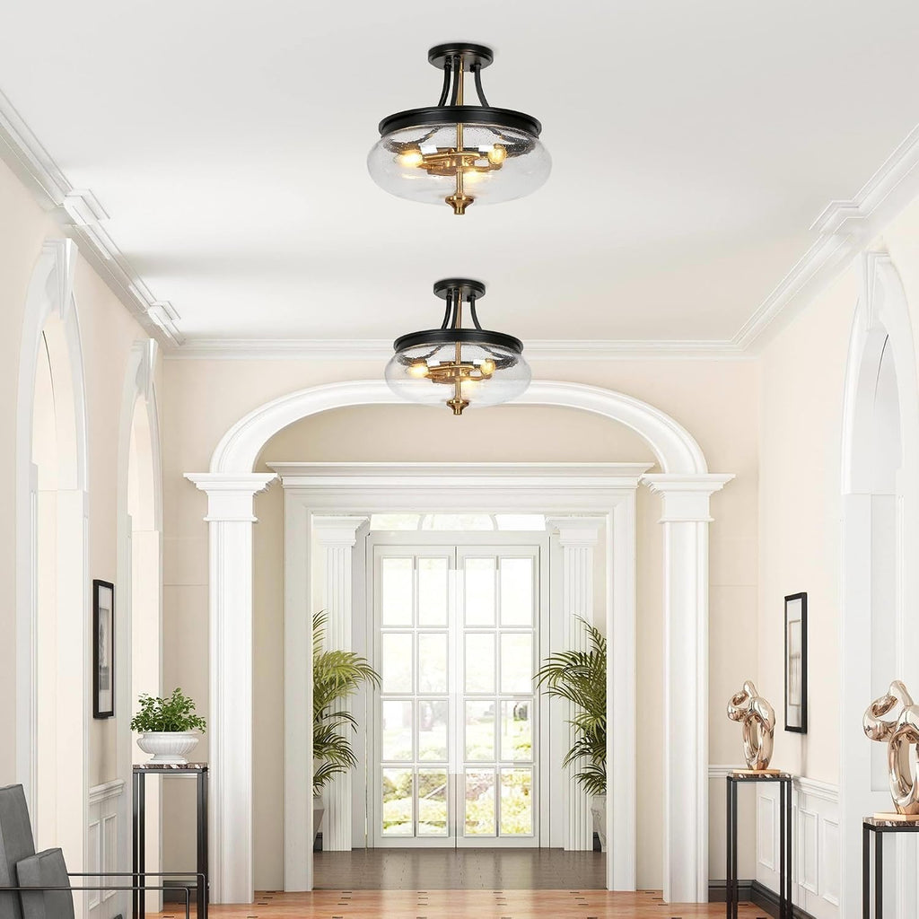 classy leaves Semi Flush Mount Ceiling Light, Black Gold Close to Ceiling Light Fixture 3 Light Modern Farmhouse Ceiling Light with Seeded Glass for Kitchen Bedroom Hallway Entryway