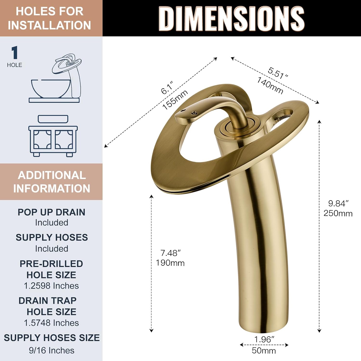 Tall Brushed Gold Waterfall Unique Bathroom Faucets, Single Lever 1 Hole Vessel Sink Faucets for Bathroom Vanity, Hot Cold Mixer Tap with Supply Hoses and Pop up Drain, llaves para lavamanos de baño