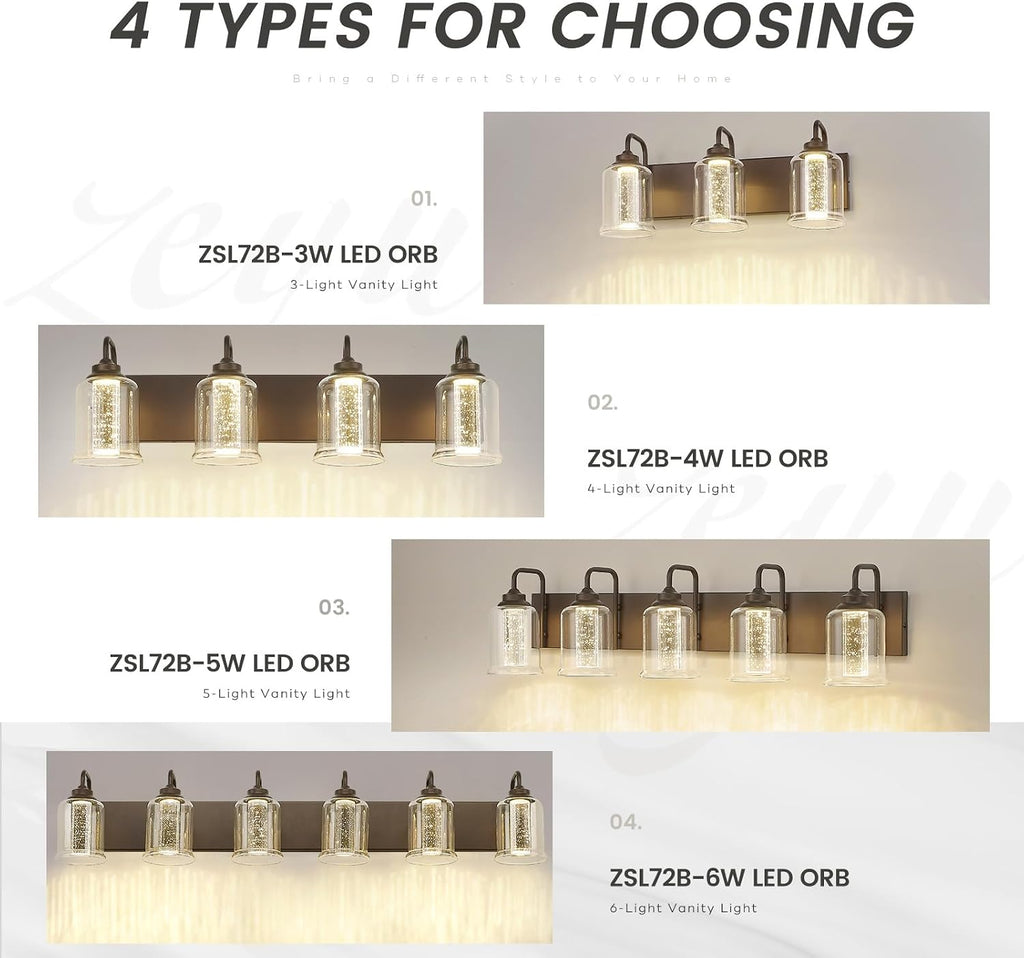 zeyu 20W LED Vanity Light Bathroom, 4-Light Farmhouse Vanity Lighting Over Mirror with Crystal Bubble and Clear Glass, 5CCT Adjustable, Oil Rubbed Bronze Finish, ZSL72B-4W LED ORB-1