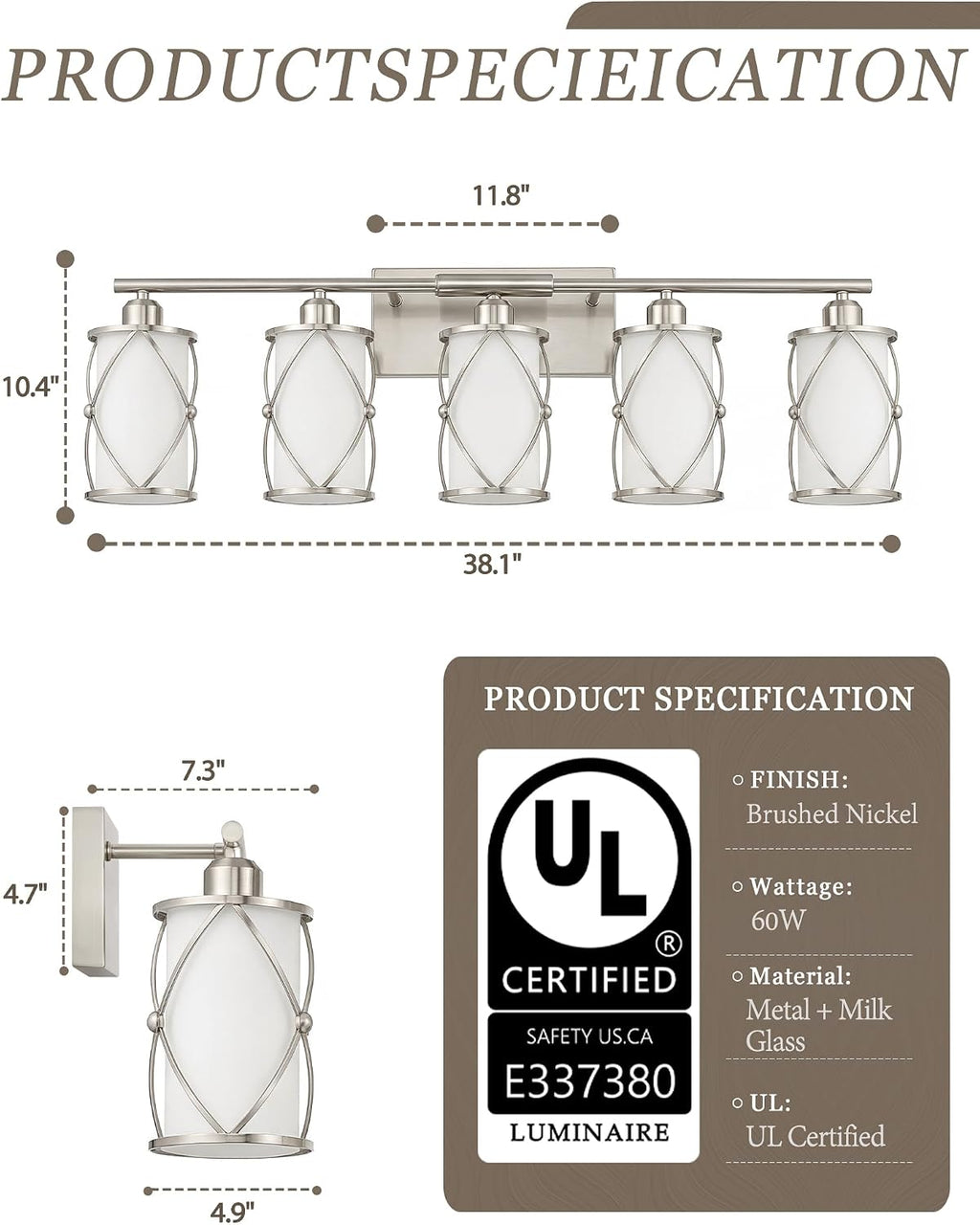 5-Light Brushed Gold Bathroom Light Fixtures Over Mirror, 42' UL-Listed Modern Wall Sconce Lights with Frosted Milk White Glass and Metal Cage for Bath, Hardwire E26, CH9176BNW-5W