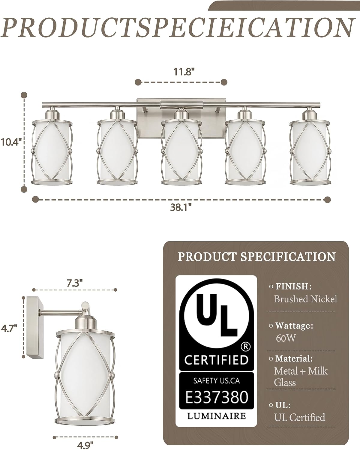 5-Light Brushed Gold Bathroom Light Fixtures Over Mirror, 42' UL-Listed Modern Wall Sconce Lights with Frosted Milk White Glass and Metal Cage for Bath, Hardwire E26, CH9176BNW-5W
