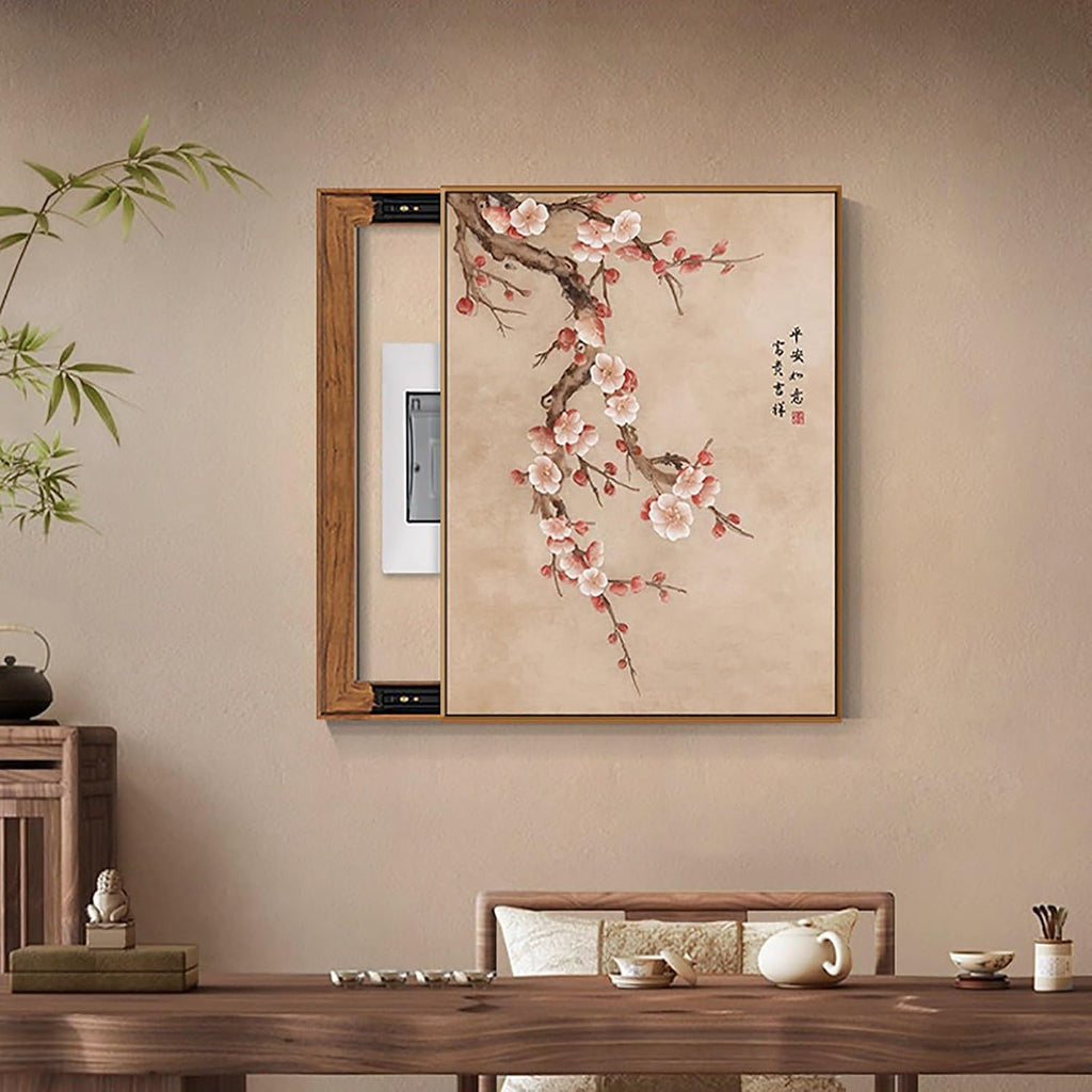 Decorative Fuse Box Cover, Wall Mounted Electrical Panel Cover, Hide Paintings Wall Art with Frame, Oriental Elegance Style, Easy Installation(Brown 11,45 * 55cm/17.7 * 21.6in)