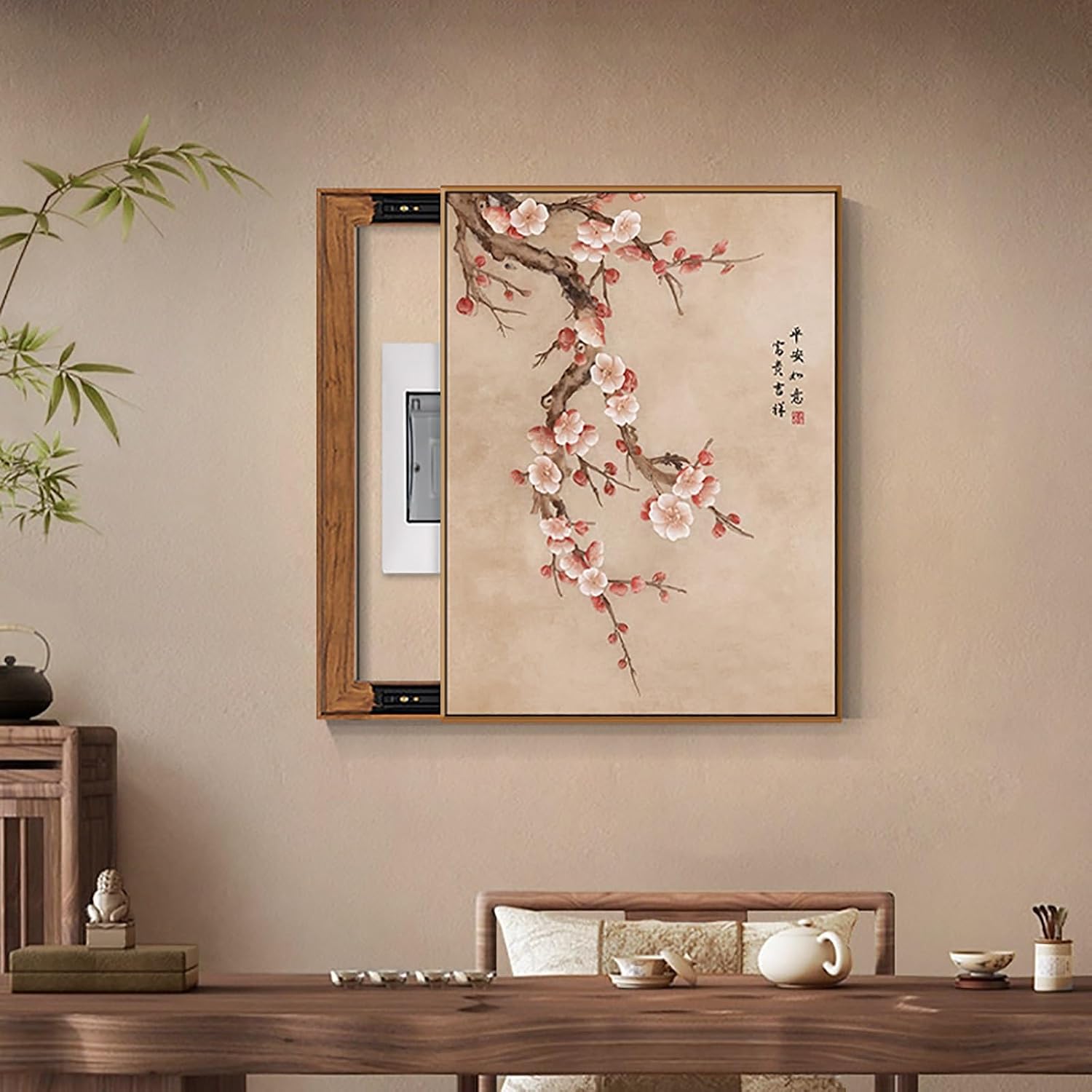 Decorative Fuse Box Cover, Wall Mounted Electrical Panel Cover, Hide Paintings Wall Art with Frame, Oriental Elegance Style, Easy Installation(Brown 11,45 * 55cm/17.7 * 21.6in)