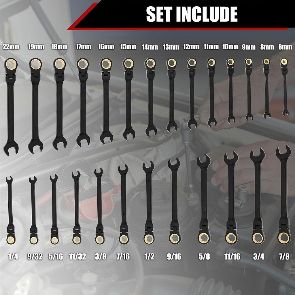 Mayouko 26PCS Flex Head Ratcheting Combination Wrench Set, SAE 1/4'-7/8' & Metric 6-22mm, 12 Point, 72 Tooth, Cr-V Steel with Black Chrome Finish