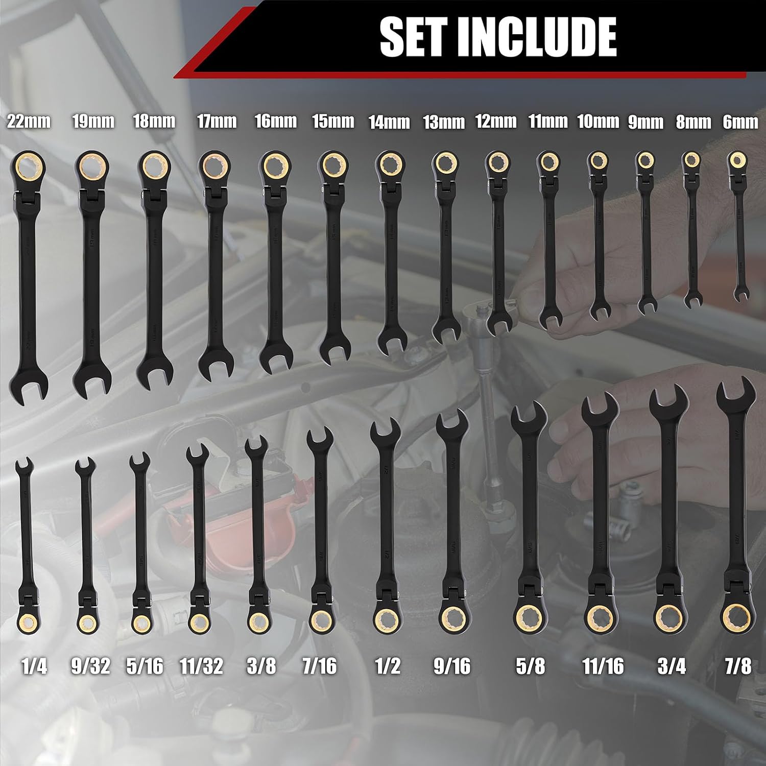 Mayouko 26PCS Flex Head Ratcheting Combination Wrench Set, SAE 1/4'-7/8' & Metric 6-22mm, 12 Point, 72 Tooth, Cr-V Steel with Black Chrome Finish