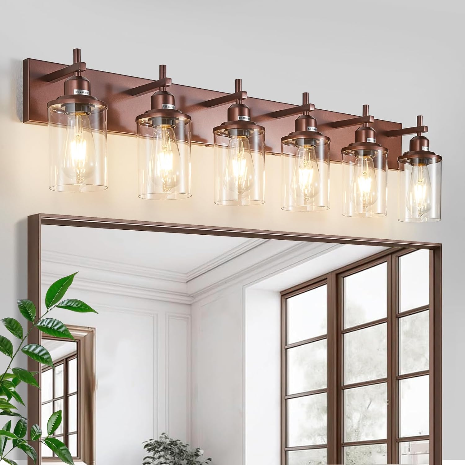 Lanhall 6-Light Bronze Bathroom Light Fixtures Over Mirror,Modern Bathroom Vanity Light with Clear Glass Shade, Wall Sconce for Bathroom Hallway Cabinet Bedroom Kitchen Living Room Foyer E26 Base
