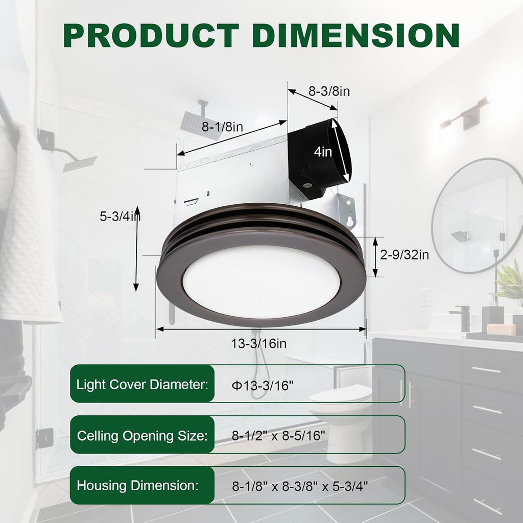 Akicon Bathroom Exhaust Fan with Light, 80 CFM 2 Sones Round Bathroom Fan Light Combo, Dimmable 3CCT LED with Acrylic Cover for Medium Room (Oil Rubbed Bronze)