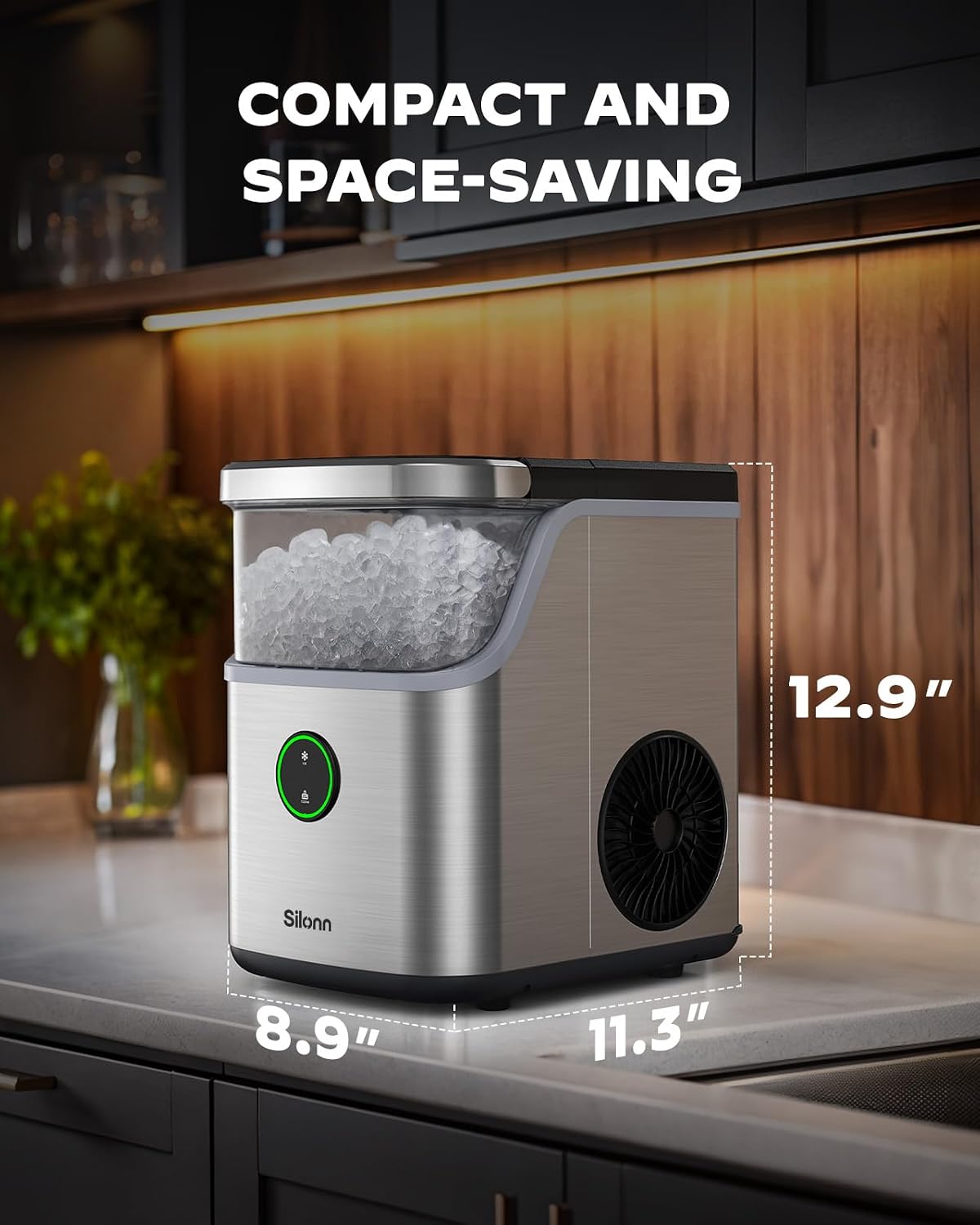 Silonn Nugget Ice Maker Countertop, Ice Basket with Handle, Quiet Operation & Self Cleaning Ice Machine, Chewable Ice, 33 lbs/24H, Portable Pellet Ice Maker with Scoop for Home, Kitchen and Office