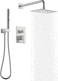 KENES Square Rainfall Shower System Faucet Set, Brushed Nickel Rain Shower Head and Handle Set, 10 Inch Stainless Shower Head with Handheld Spray (Shower Valve Included), LJ-6026A