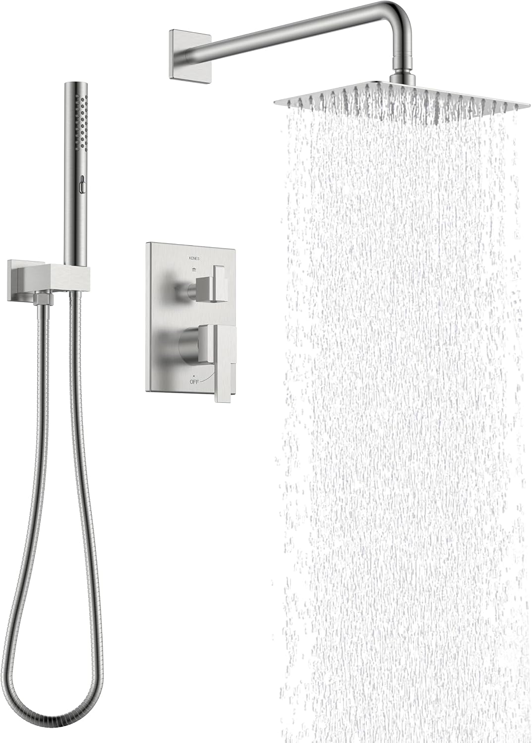 KENES Square Rainfall Shower System Faucet Set, Brushed Nickel Rain Shower Head and Handle Set, 10 Inch Stainless Shower Head with Handheld Spray (Shower Valve Included), LJ-6026A