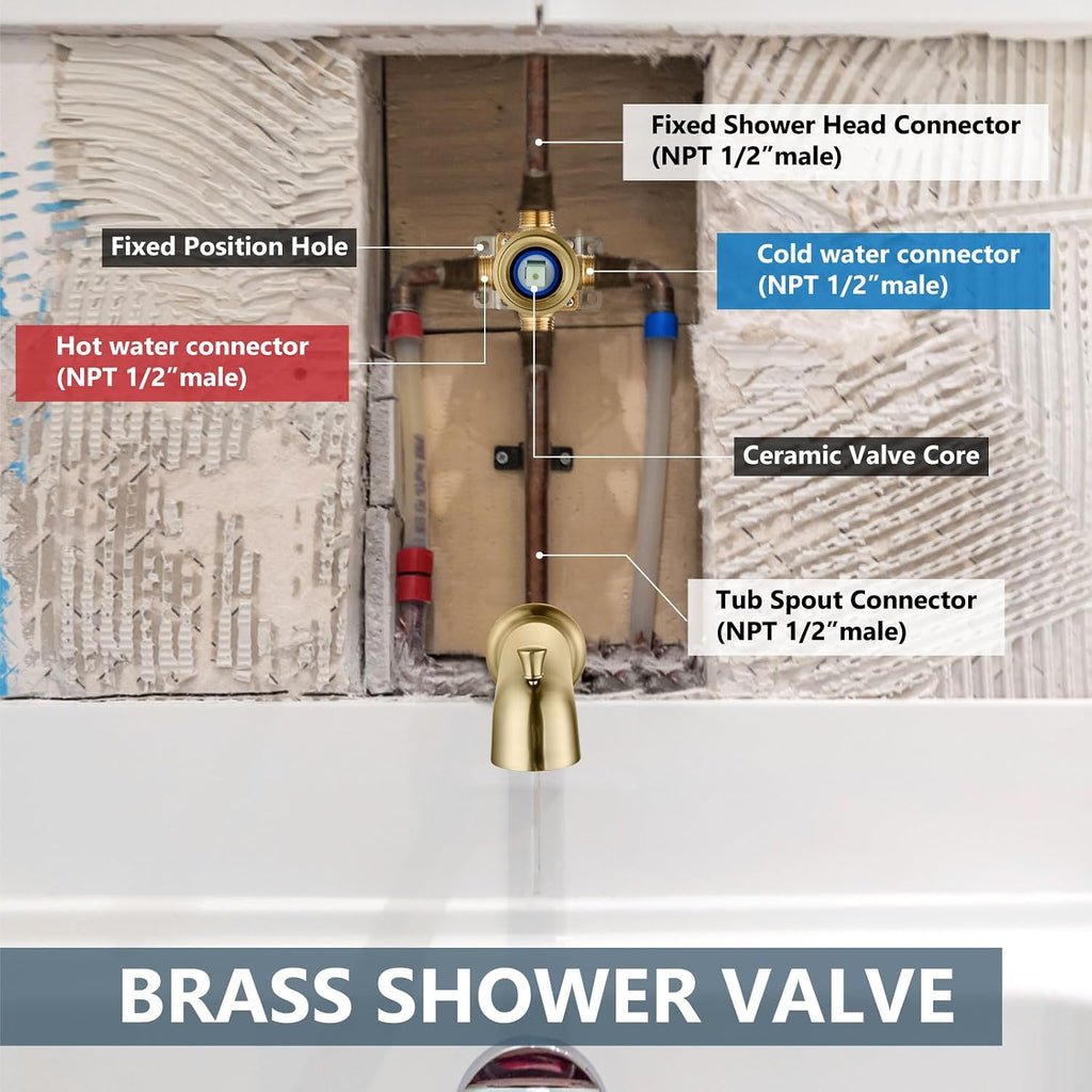 Aolemi Shower Faucet Set with Tub Spout Rain Shower Head System Shower Trim Kit Pressure Rough-in Valve Included ABS 8 Setting Dual Shower Head and Handheld Spray Brushed Gold