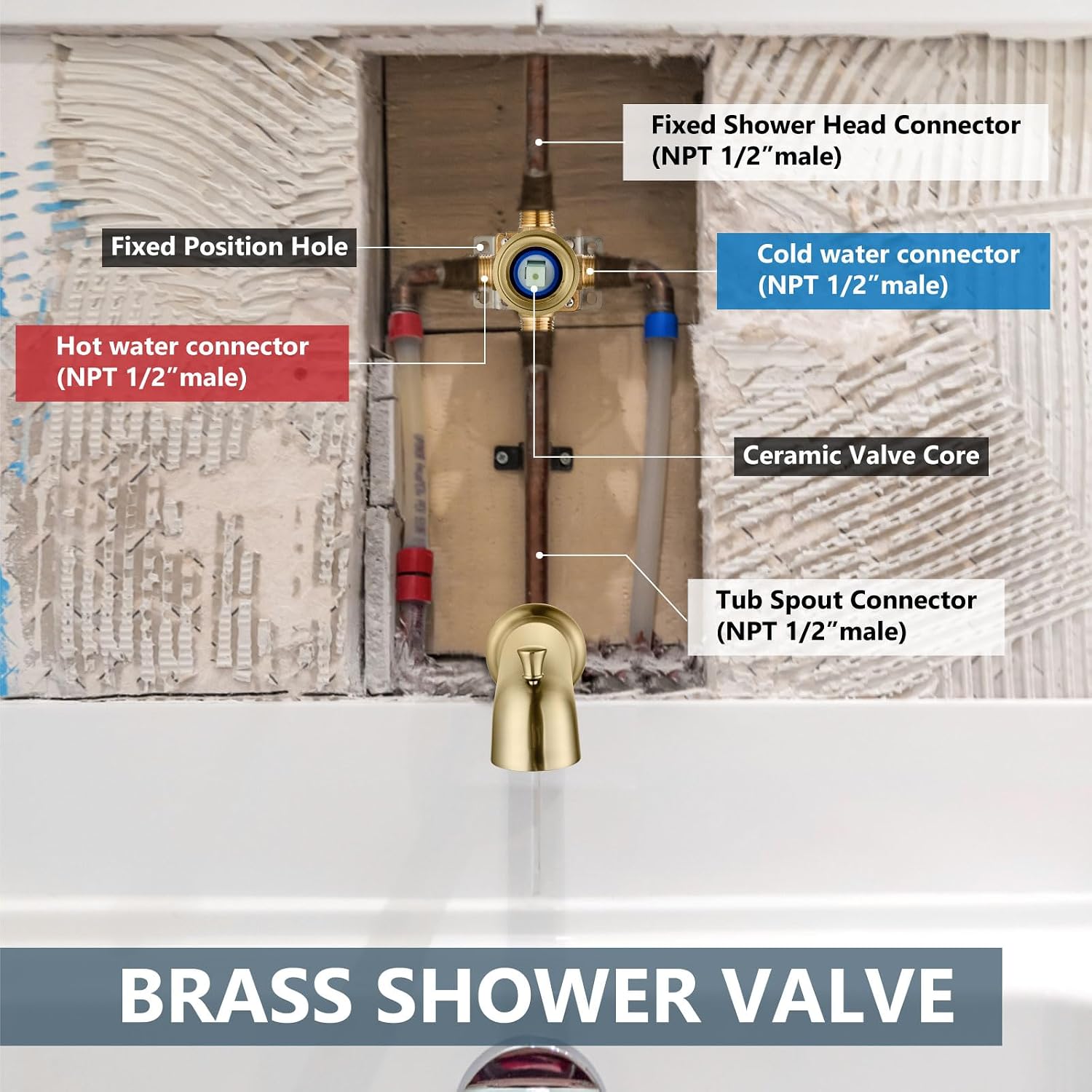 Aolemi Shower Faucet Set with Tub Spout Rain Shower Head System Shower Trim Kit Pressure Rough-in Valve Included ABS 8 Setting Dual Shower Head and Handheld Spray Brushed Gold