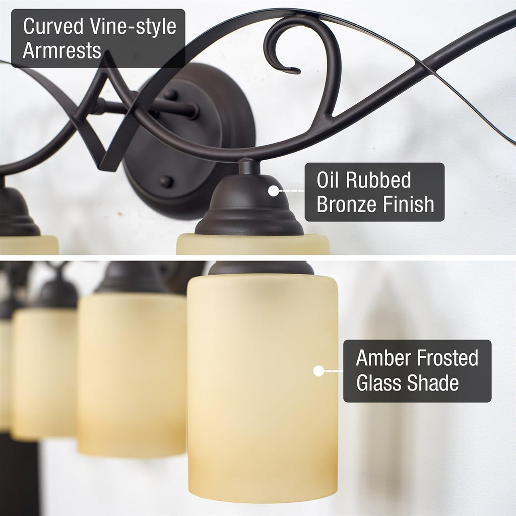 Kira Home Villa 31' Traditional 4-Light Bathroom Vanity Light with Scrollwork Design and Frosted Amber Glass Shades, Oil Rubbed Bronze Finish